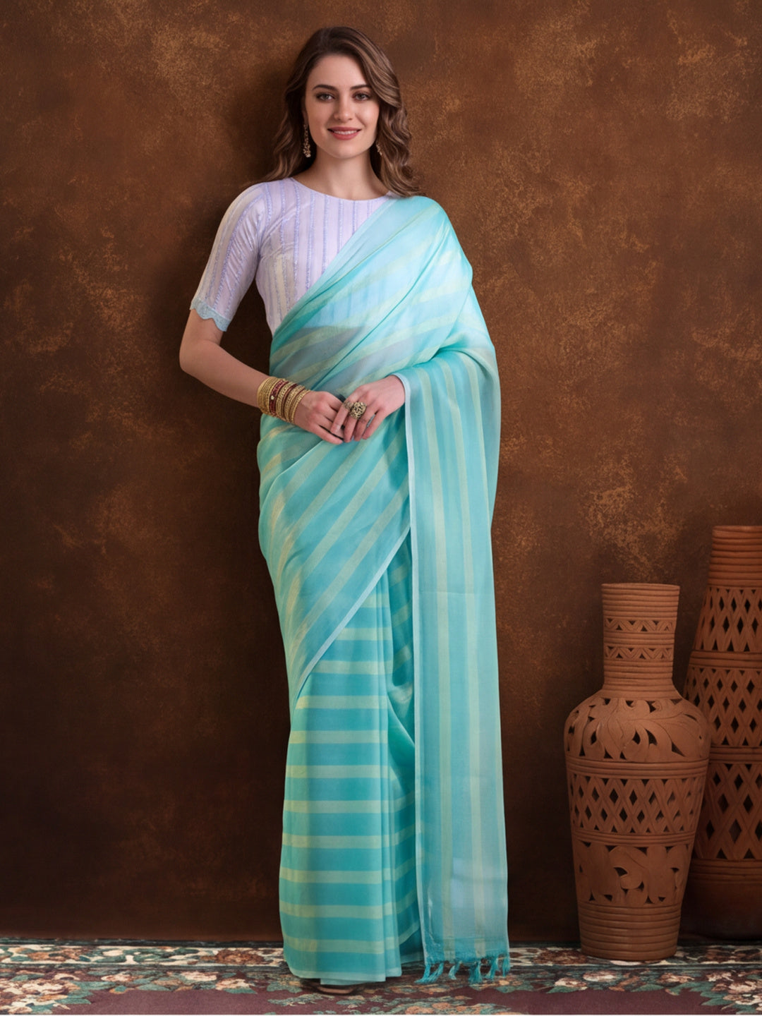 Sea Green Vichitra Silk Printed Saree for Women by Jaipur Kurti