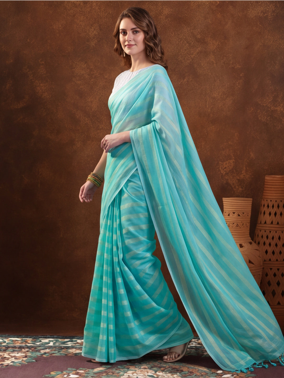 Sea Green Vichitra Silk Printed Saree for Women by Jaipur Kurti