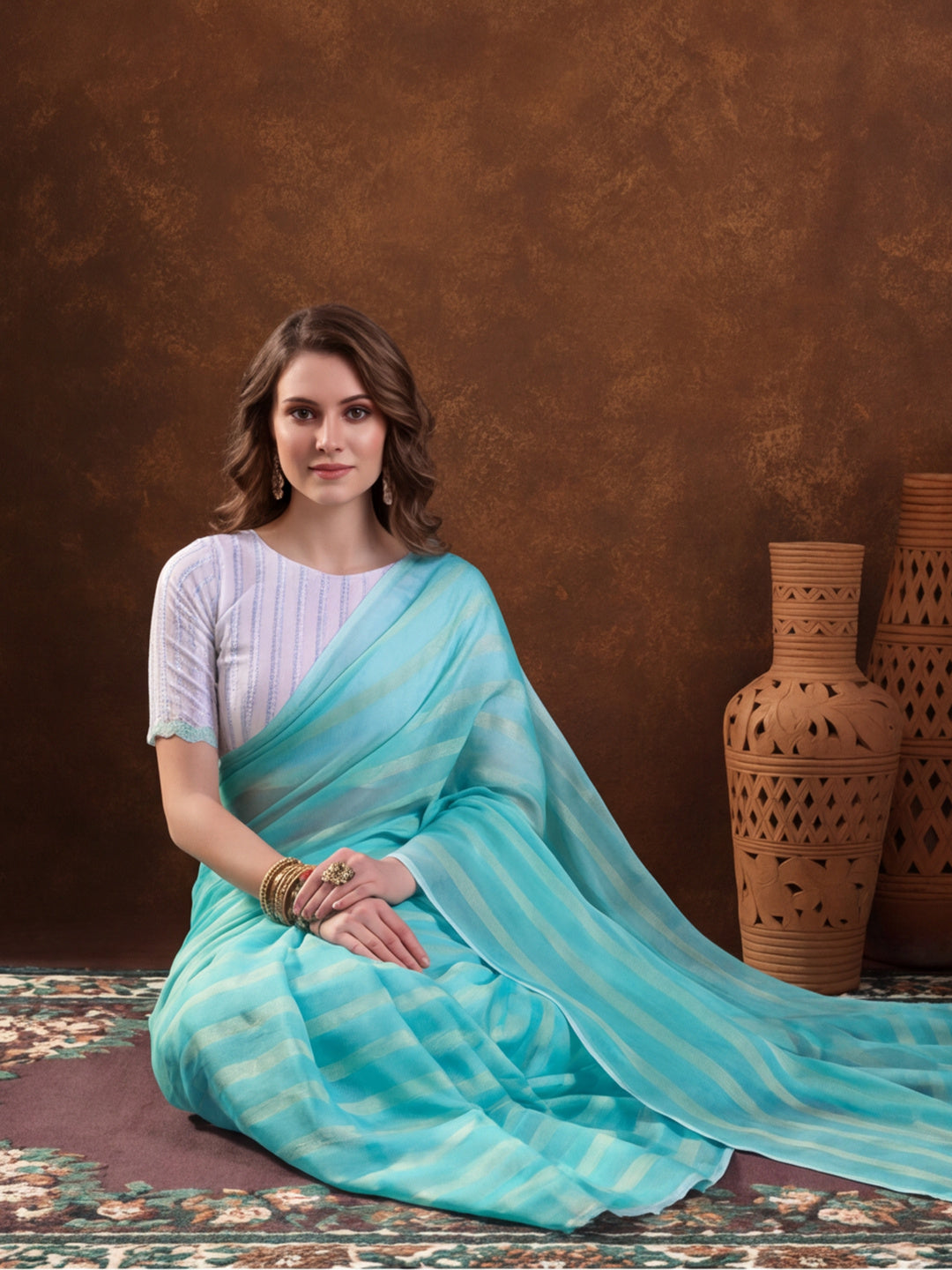 Sea Green Vichitra Silk Printed Saree for Women by Jaipur Kurti