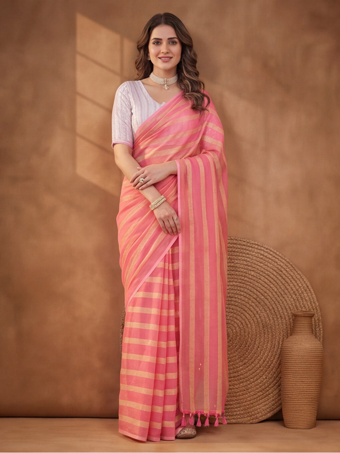Peach Vichitra Silk Printed Saree for Women by Jaipur Kurti