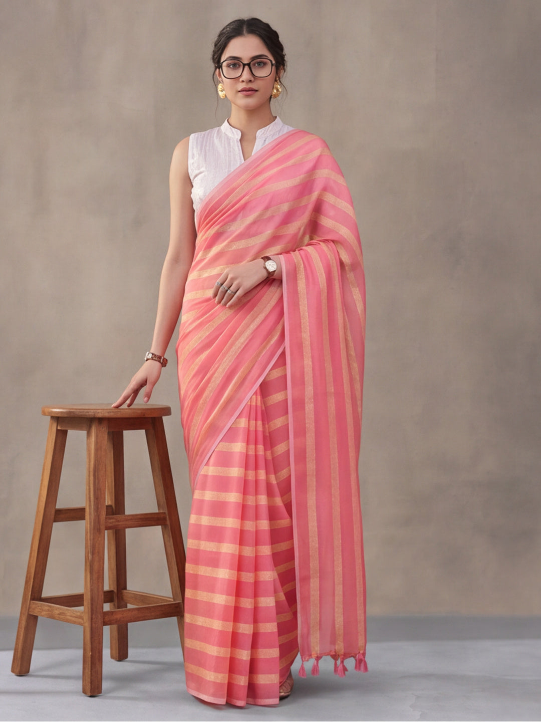 Peach Vichitra Silk Printed Saree for Women by Jaipur Kurti