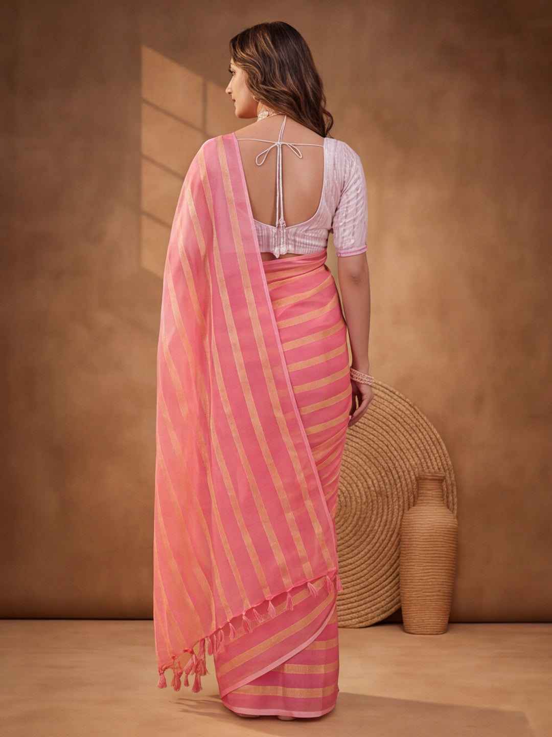 Peach Vichitra Silk Printed Saree for Women by Jaipur Kurti