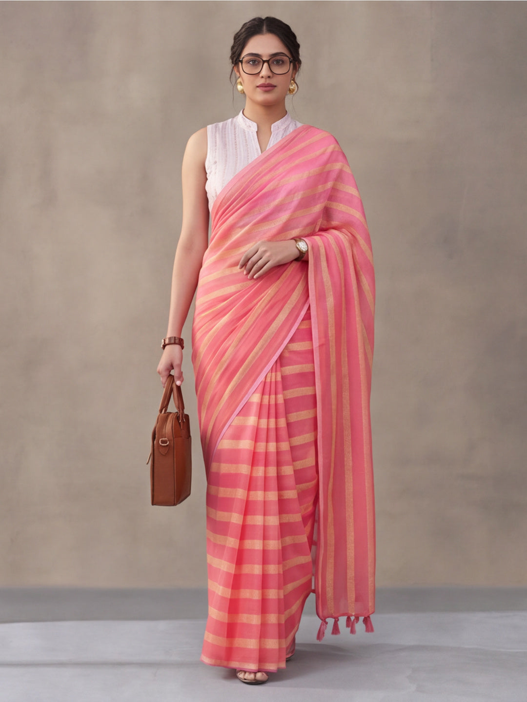 Peach Vichitra Silk Printed Saree for Women by Jaipur Kurti