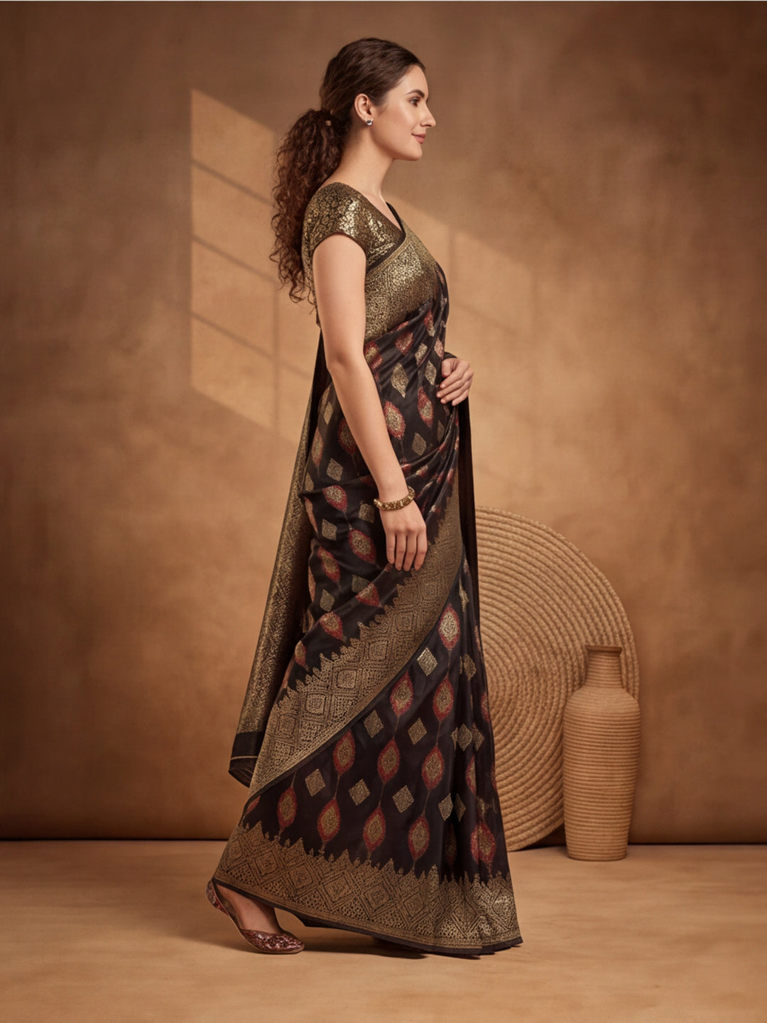 Jaipur Kurti Women'S Designer Weaving Work Black Saree
