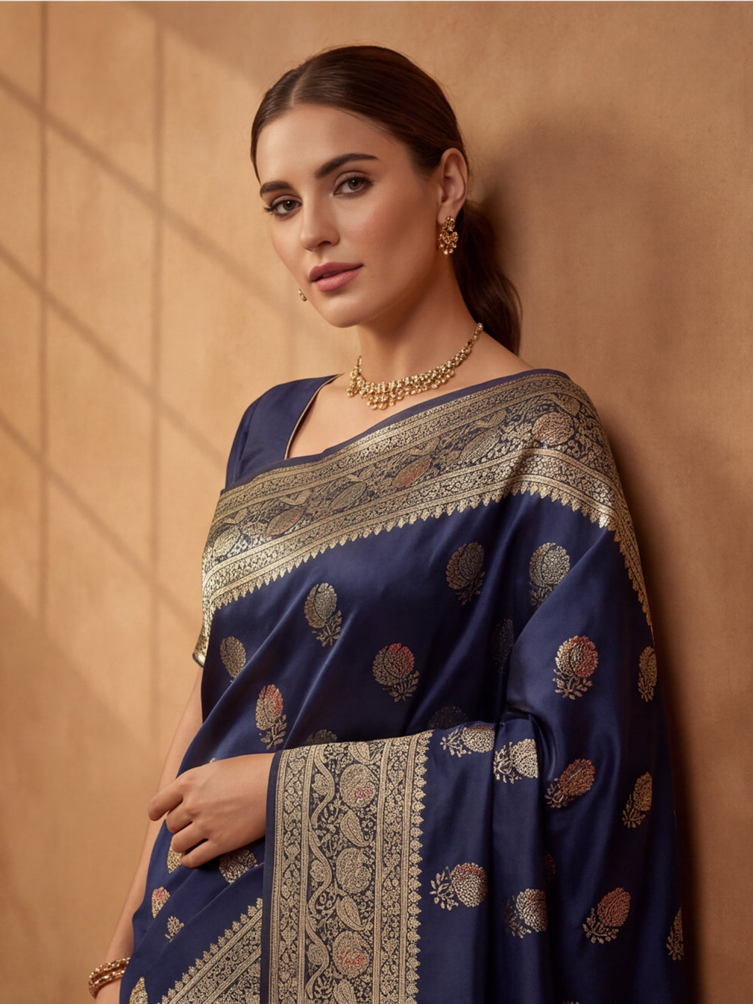 Jaipur Kurti Women'S Designer Weaving Work Navy Blue Saree