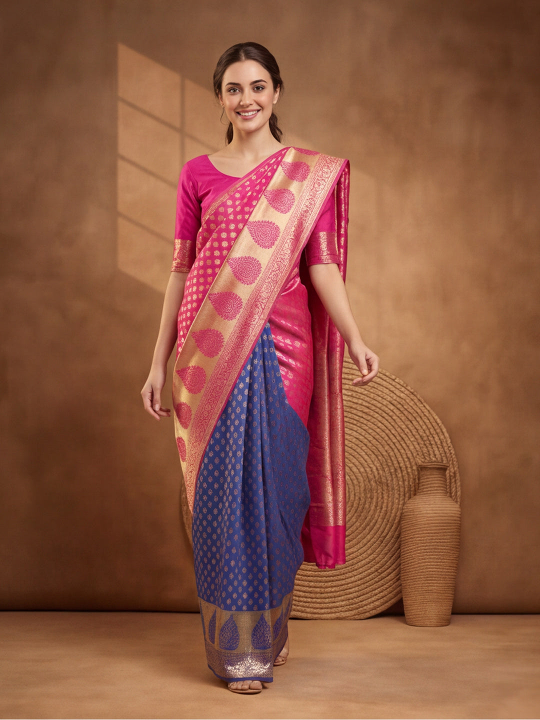 Jaipur Kurti Women'S Designer Weaving Work Pink,Blue Saree