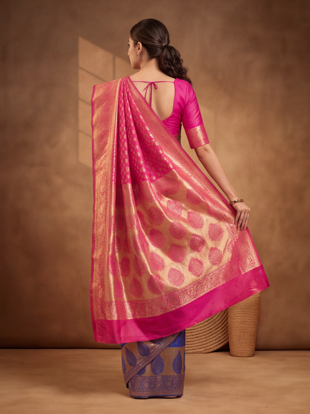Jaipur Kurti Women'S Designer Weaving Work Pink,Blue Saree