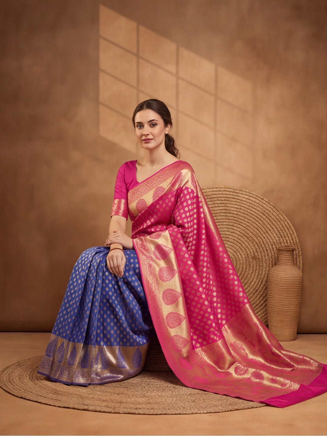 Jaipur Kurti Women'S Designer Weaving Work Pink,Blue Saree