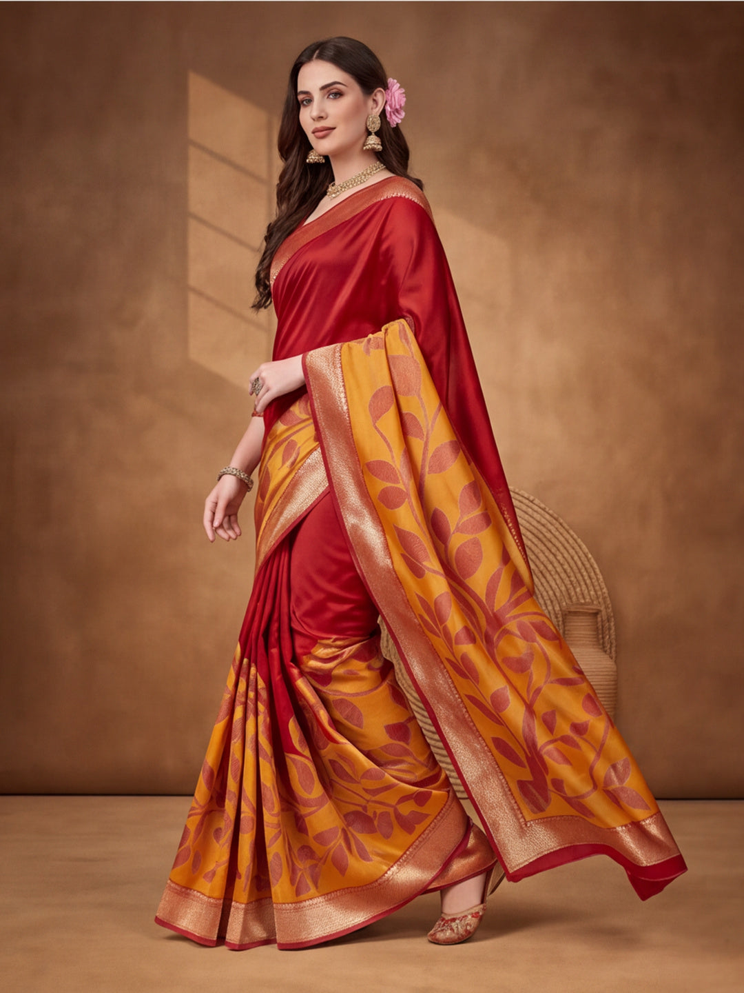 Jaipur Kurti Women'S Designer Weaving Work Red,Gold Saree