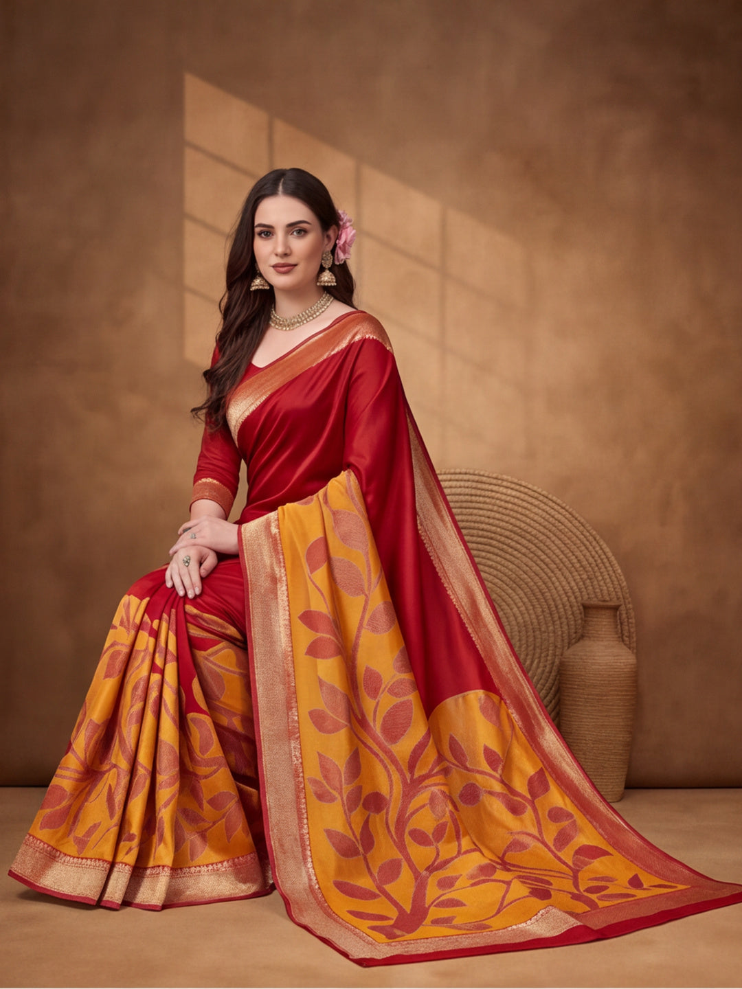 Jaipur Kurti Women'S Designer Weaving Work Red,Gold Saree