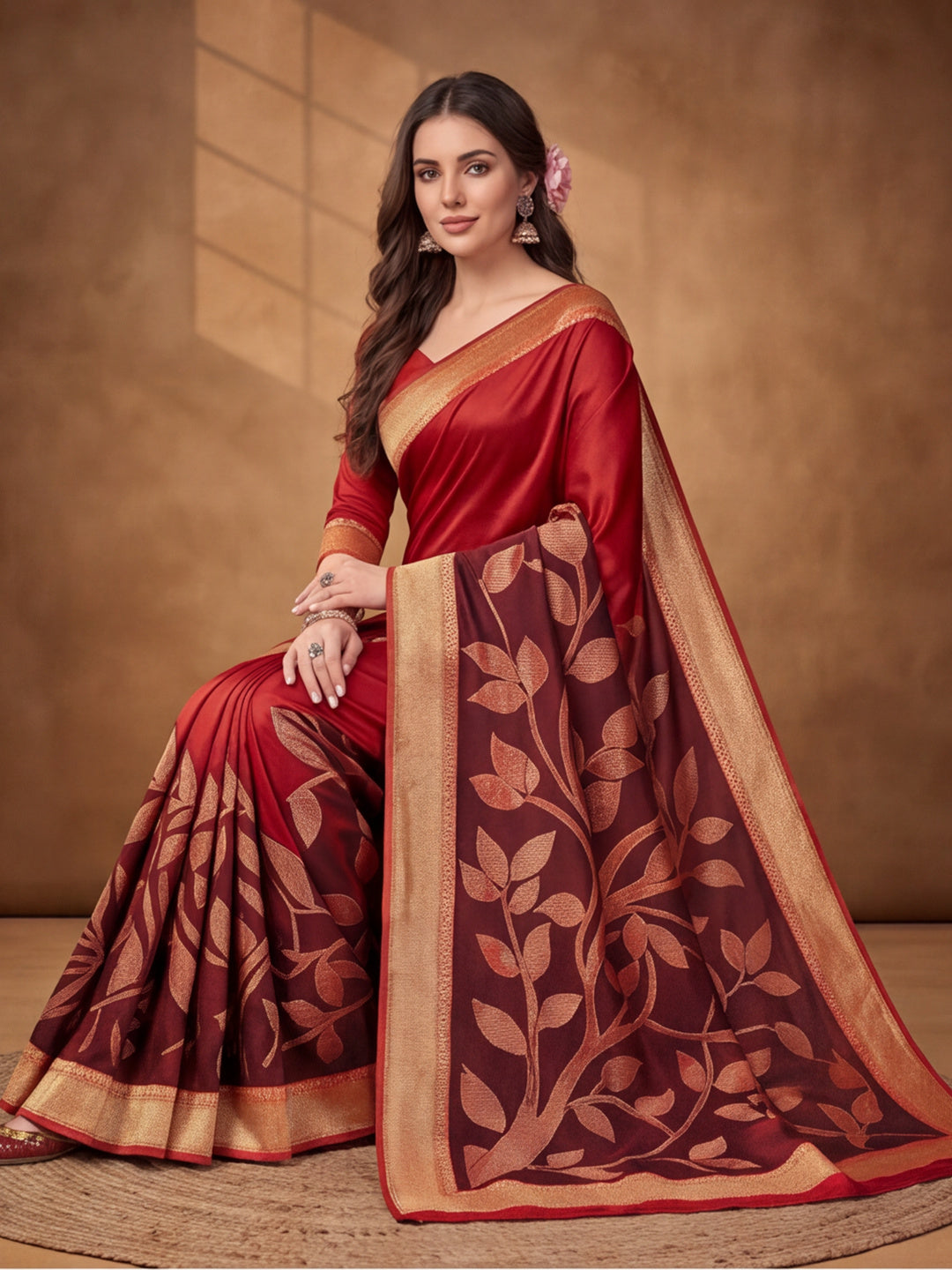 Jaipur Kurti Women'S Designer Weaving Work Red,Brown Saree