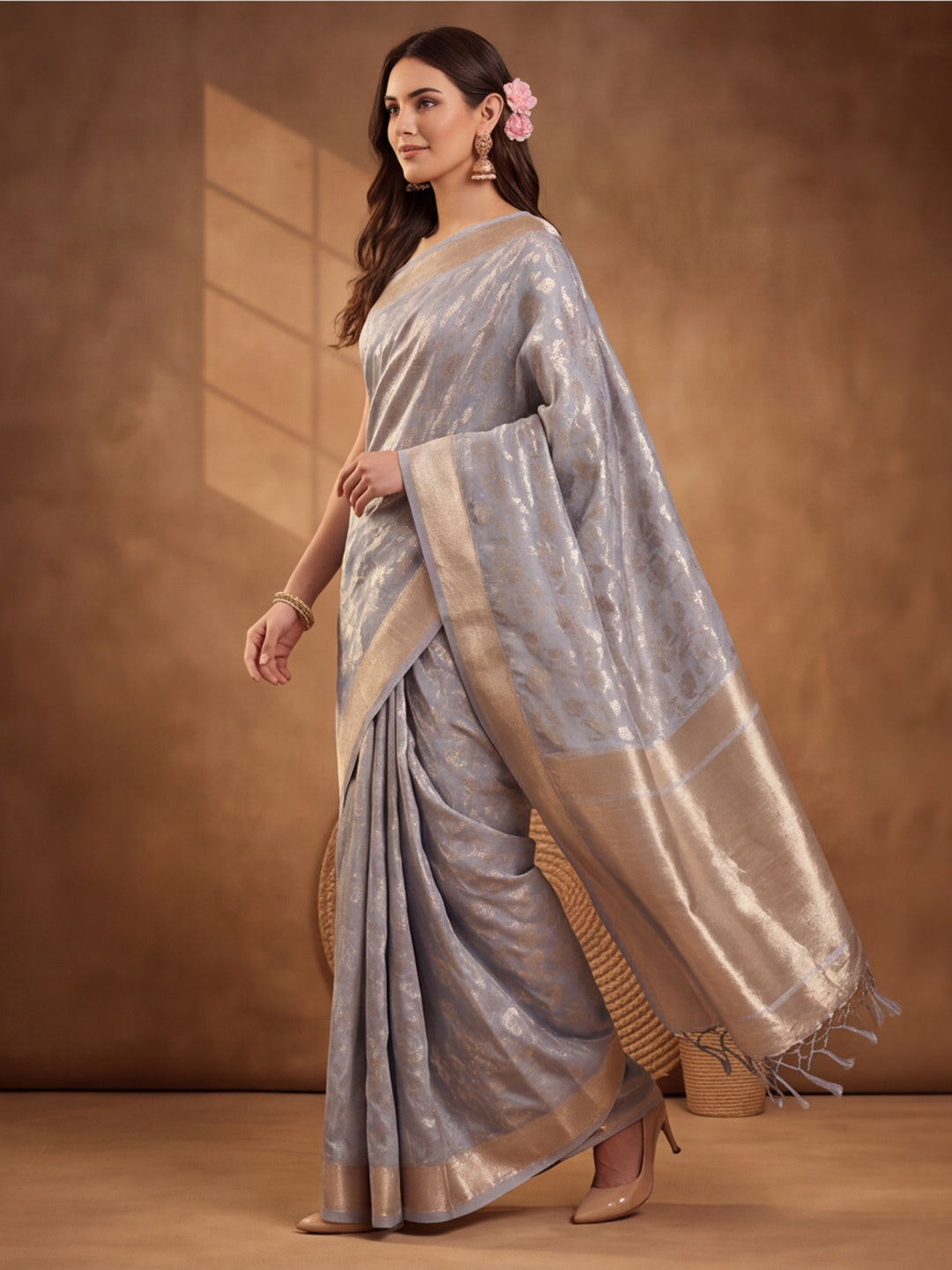 Jaipur Kurti Women'S Designer Weaving Work Grey Saree