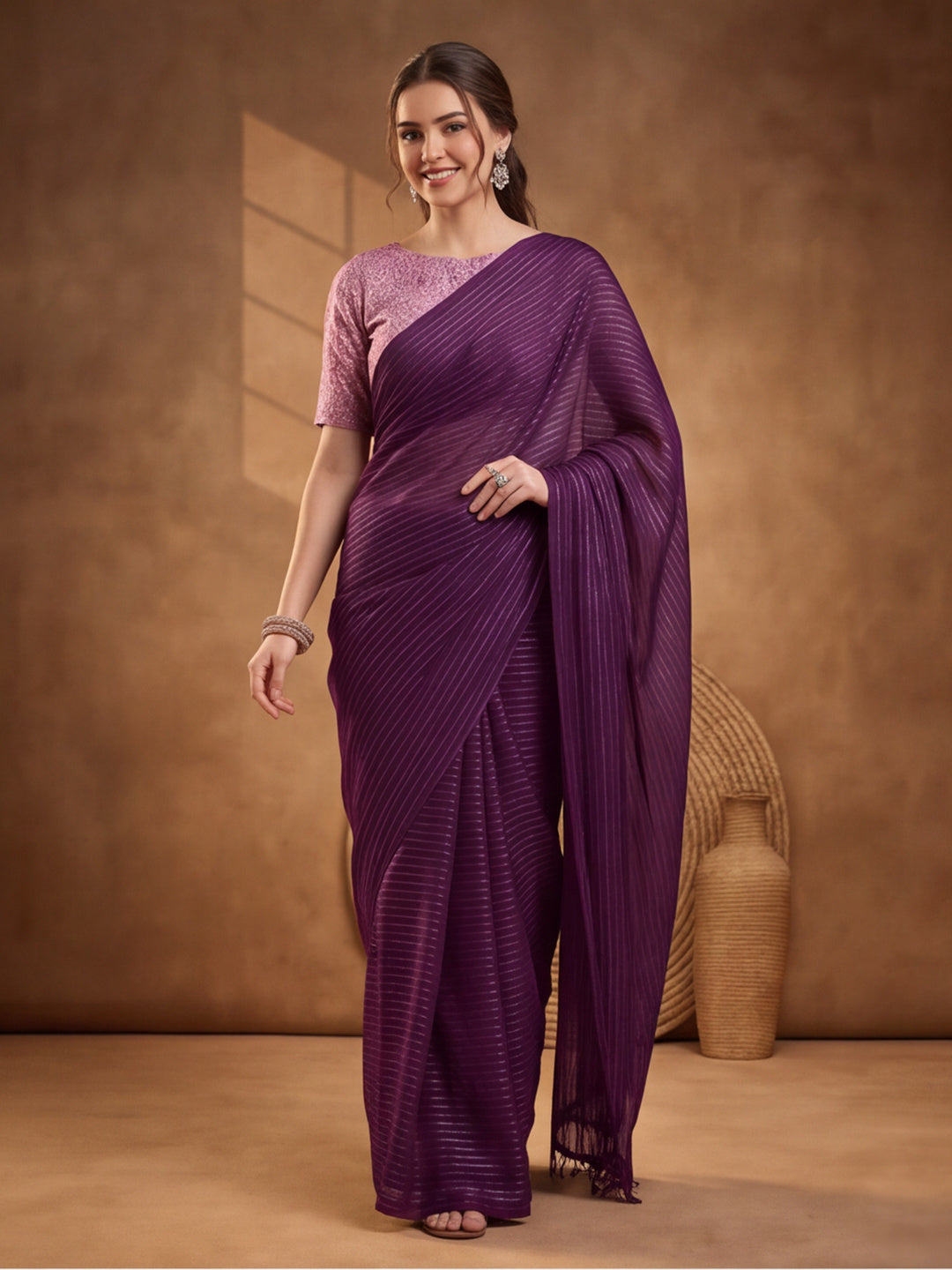 Burgundy Sparkle Lining Fabric Saree with Printed Design by Jaipur Kurti