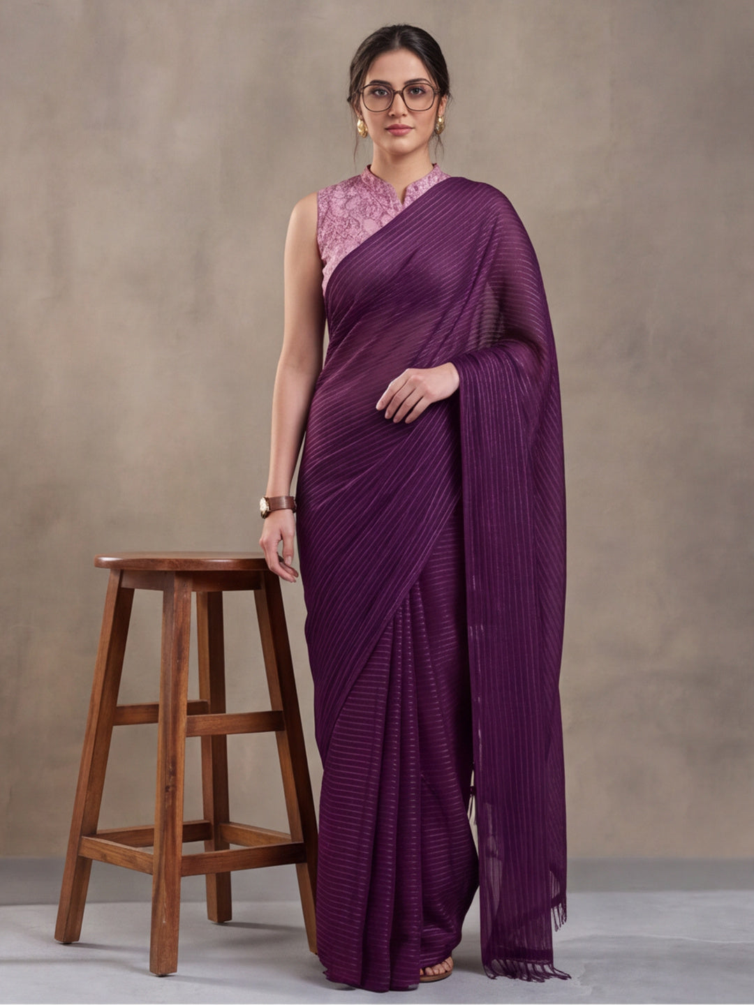 Burgundy Sparkle Lining Fabric Saree with Printed Design by Jaipur Kurti