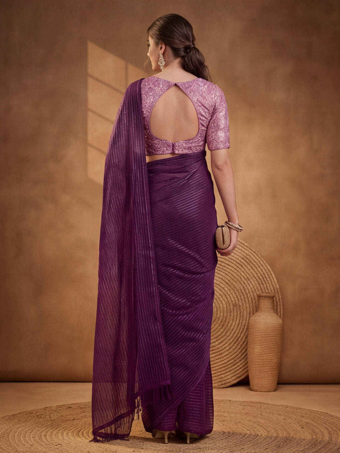 Burgundy Sparkle Lining Fabric Saree with Printed Design by Jaipur Kurti