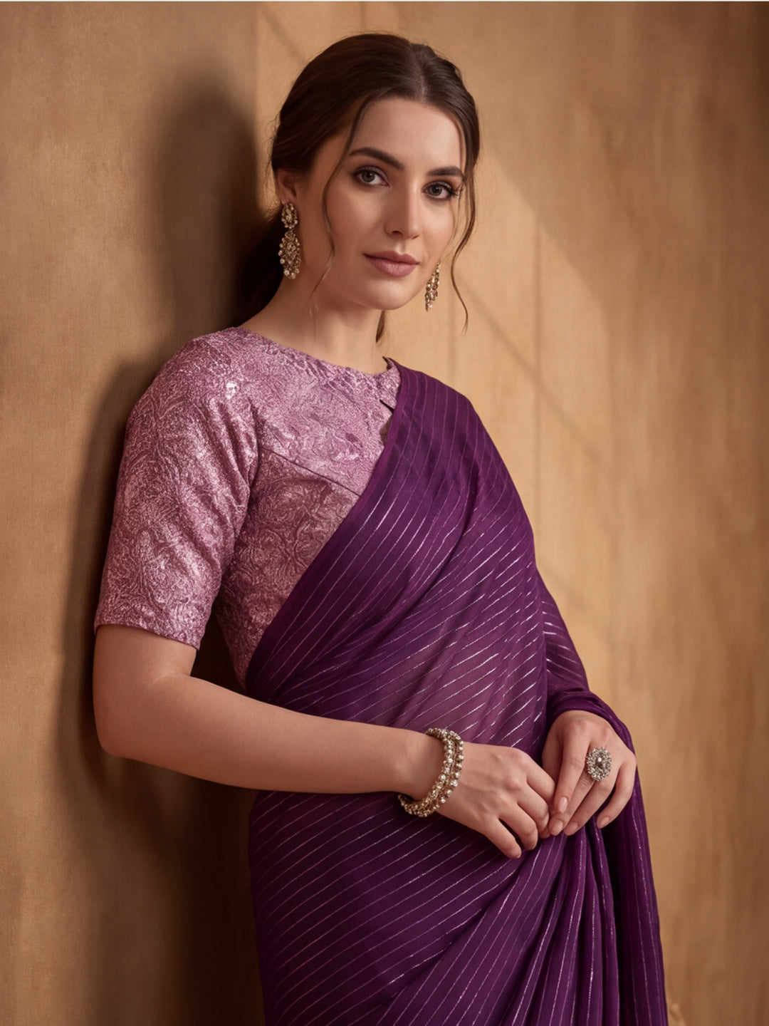 Burgundy Sparkle Lining Fabric Saree with Printed Design by Jaipur Kurti
