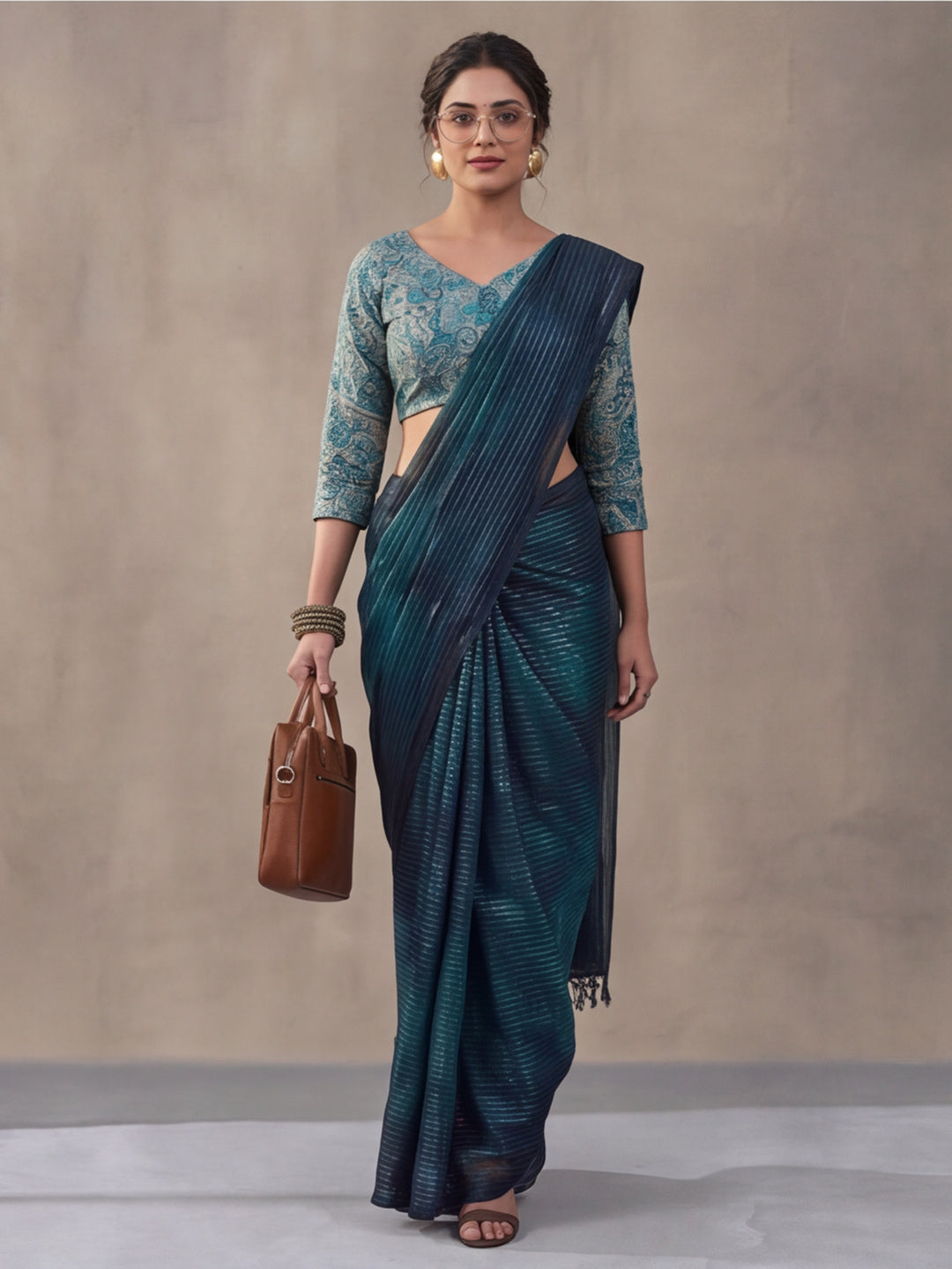 Women's Teal Sparkle Lining Fabric Saree with Bold Prints by Jaipur Kurti