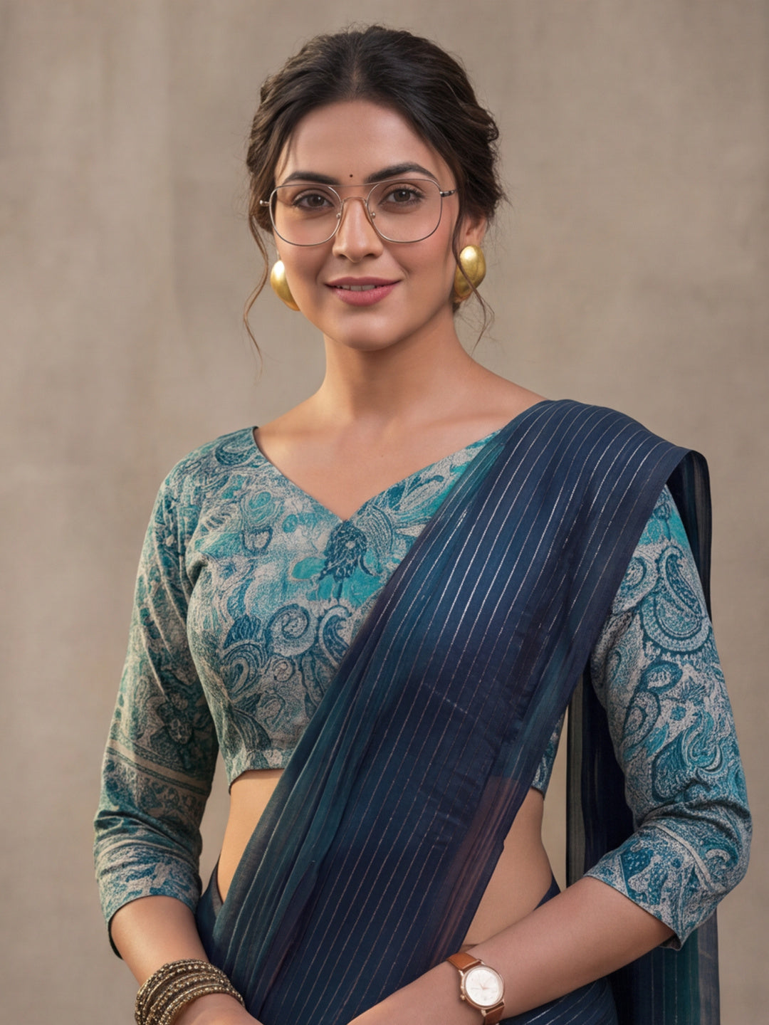 Women's Teal Sparkle Lining Fabric Saree with Bold Prints by Jaipur Kurti