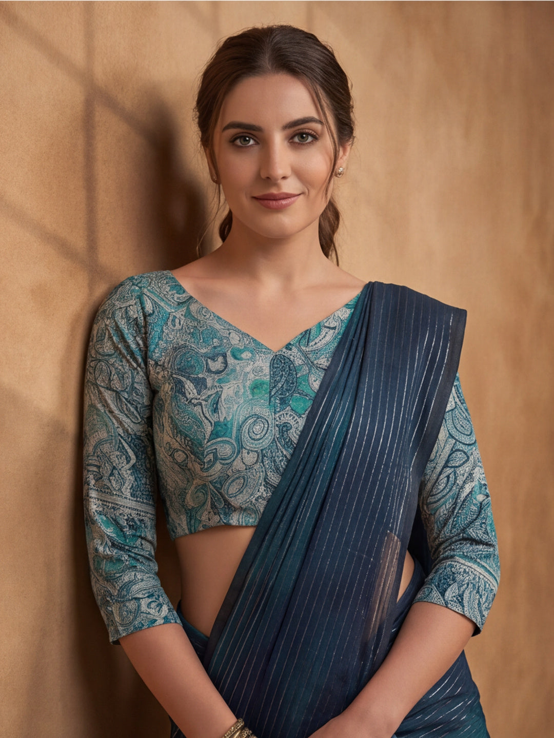 Women's Teal Sparkle Lining Fabric Saree with Bold Prints by Jaipur Kurti