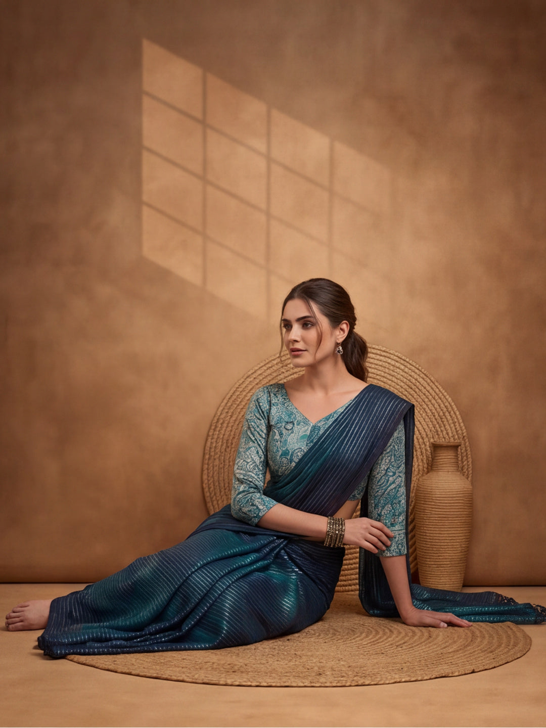 Women's Teal Sparkle Lining Fabric Saree with Bold Prints by Jaipur Kurti