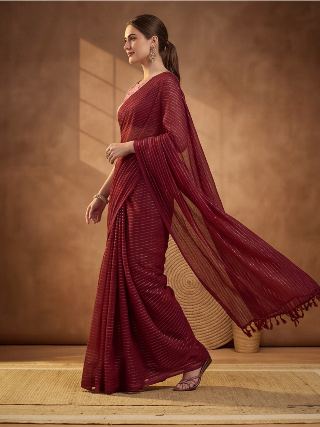 Red Sparkle Lining Fabric Saree with Elegant Printed Work by Jaipur Kurti