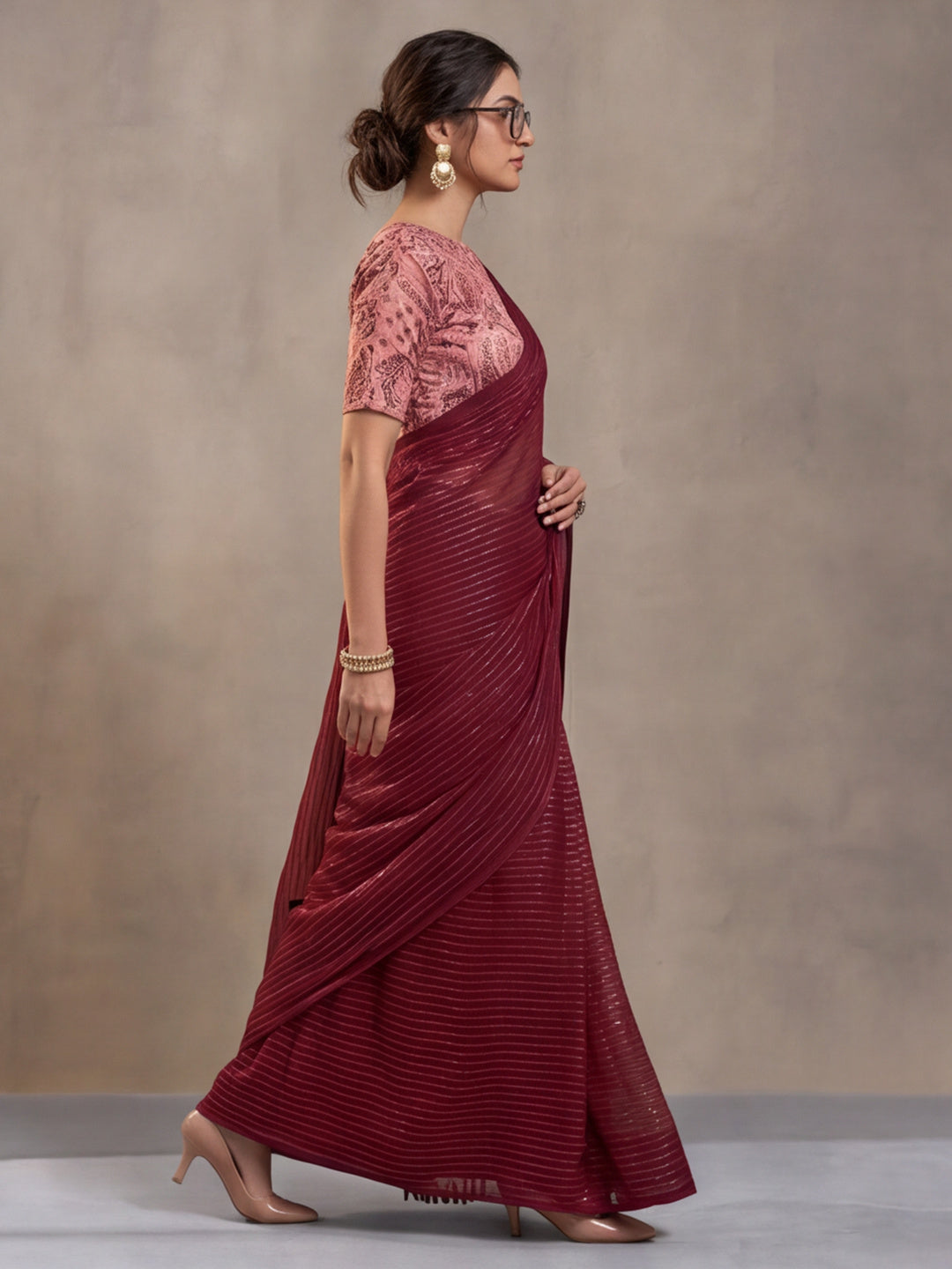 Red Sparkle Lining Fabric Saree with Elegant Printed Work by Jaipur Kurti
