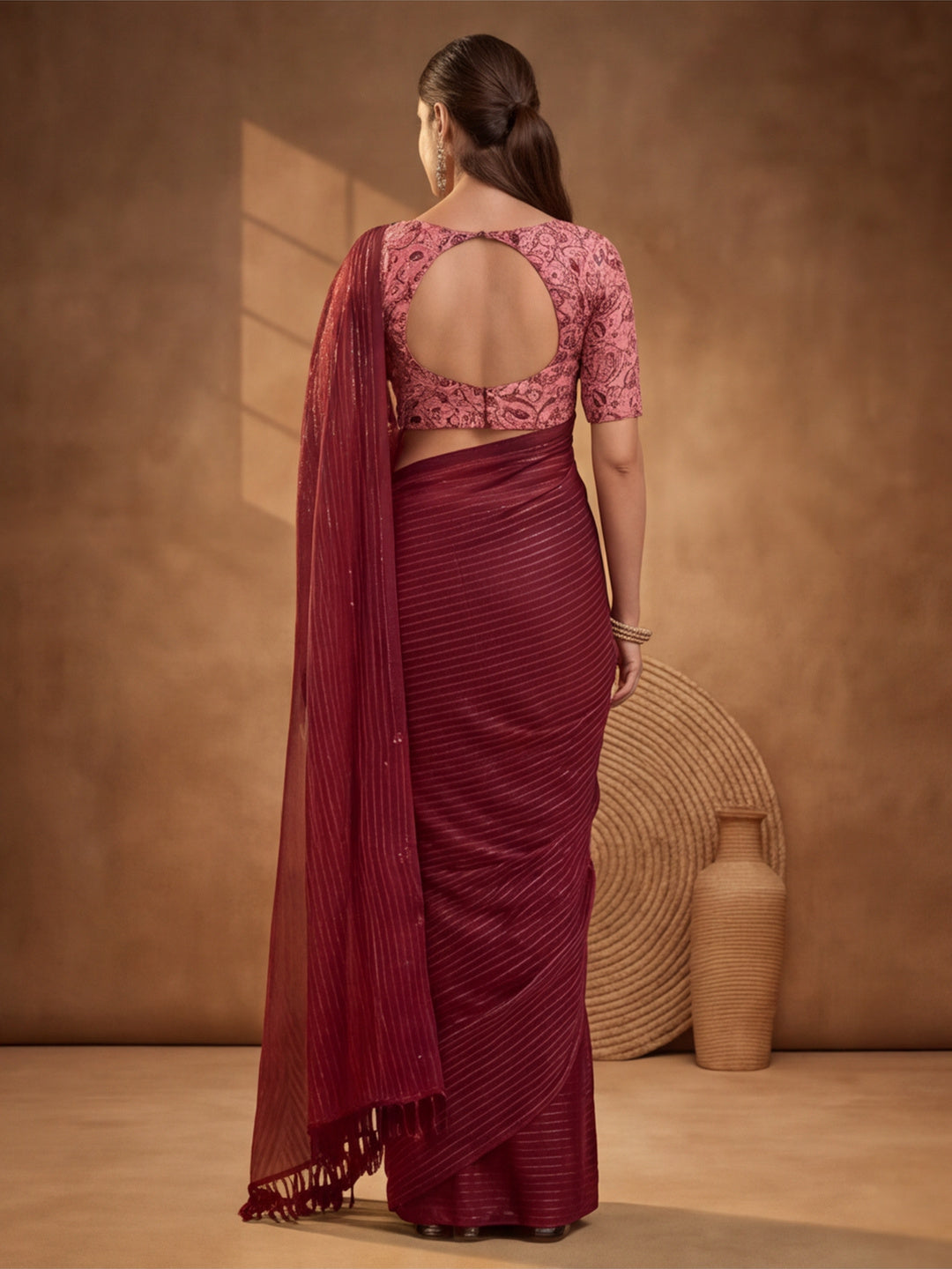 Red Sparkle Lining Fabric Saree with Elegant Printed Work by Jaipur Kurti