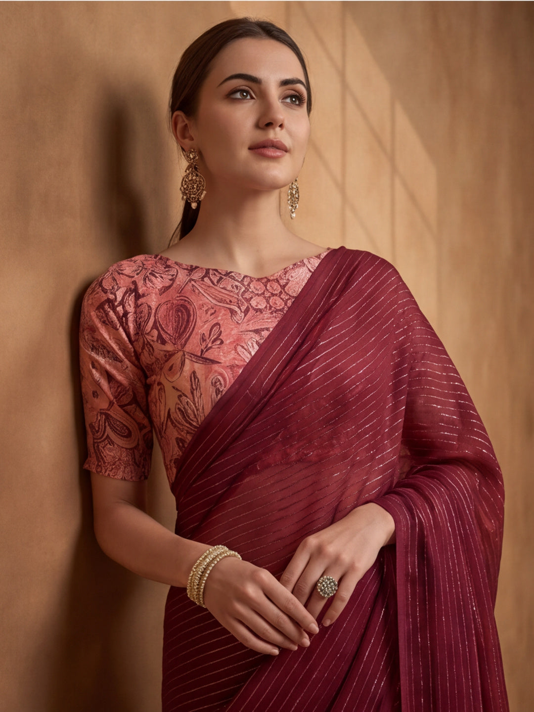 Red Sparkle Lining Fabric Saree with Elegant Printed Work by Jaipur Kurti