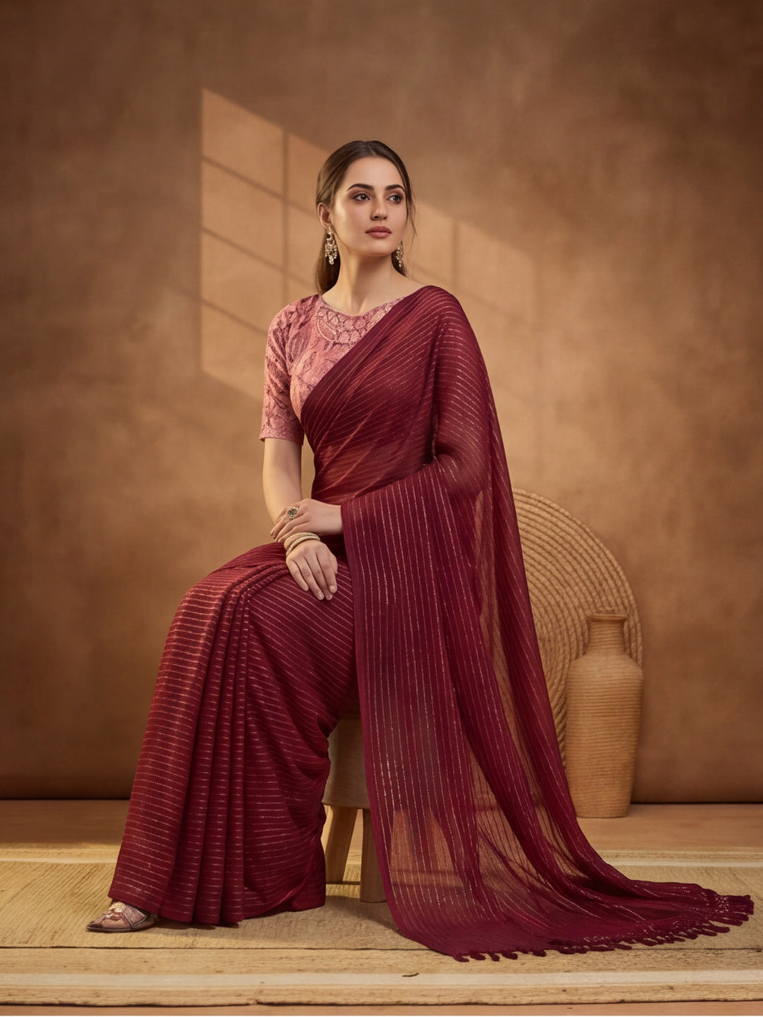 Red Sparkle Lining Fabric Saree with Elegant Printed Work by Jaipur Kurti