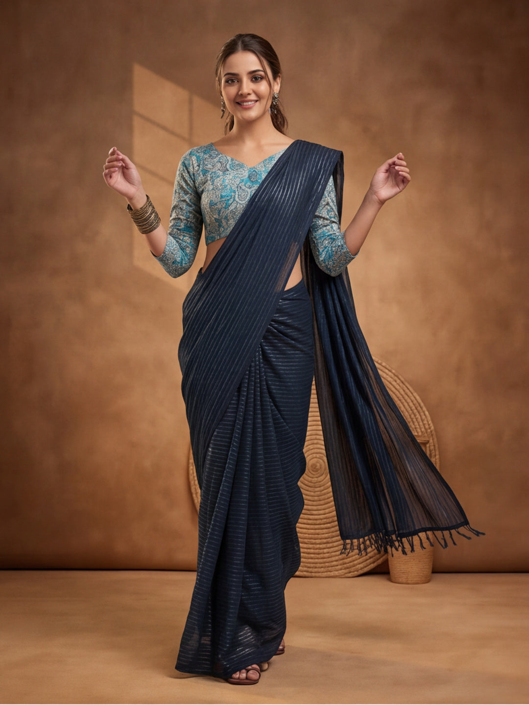 Navy Blue Sparkle Lining Fabric Saree with Trendy Printed Design by Jaipur Kurti