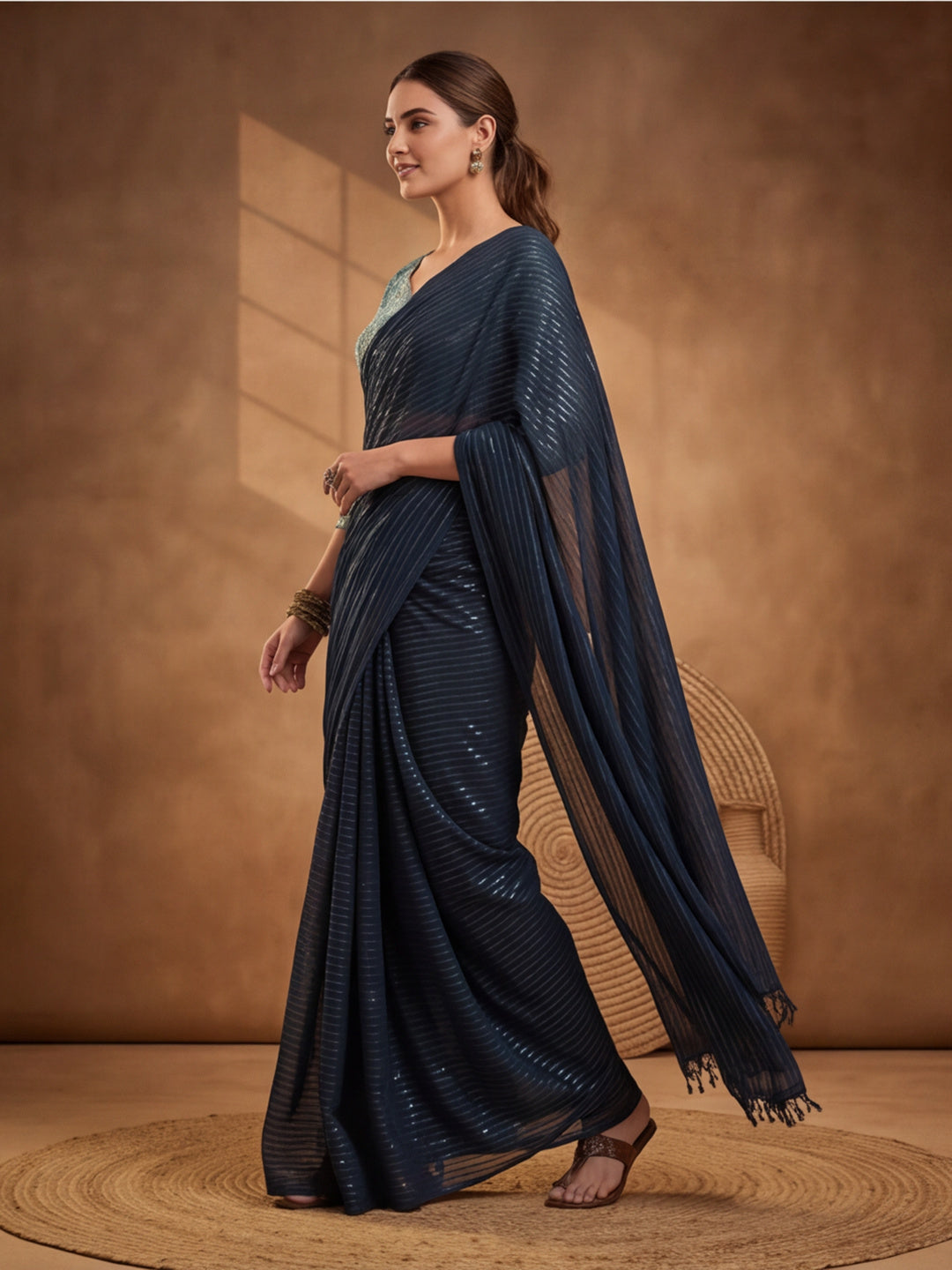 Navy Blue Sparkle Lining Fabric Saree with Trendy Printed Design by Jaipur Kurti