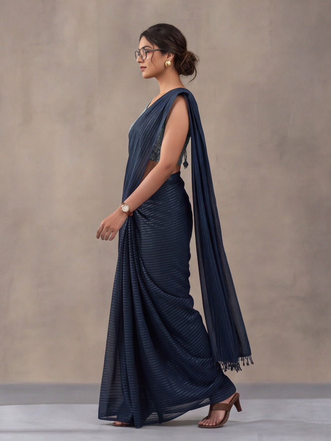 Navy Blue Sparkle Lining Fabric Saree with Trendy Printed Design by Jaipur Kurti