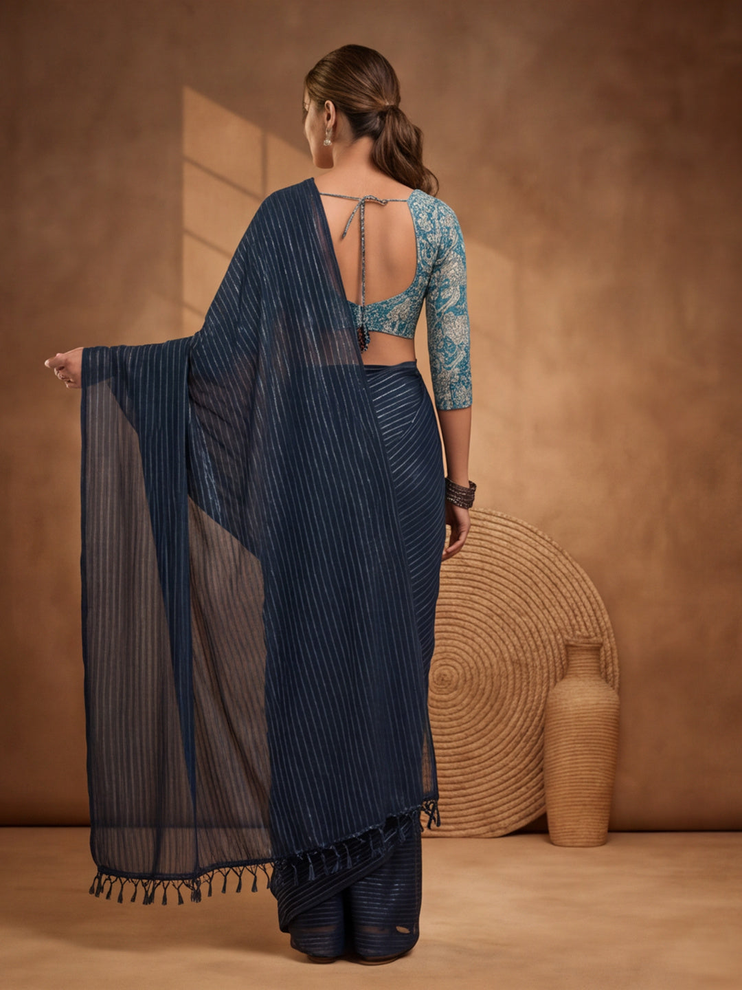 Navy Blue Sparkle Lining Fabric Saree with Trendy Printed Design by Jaipur Kurti