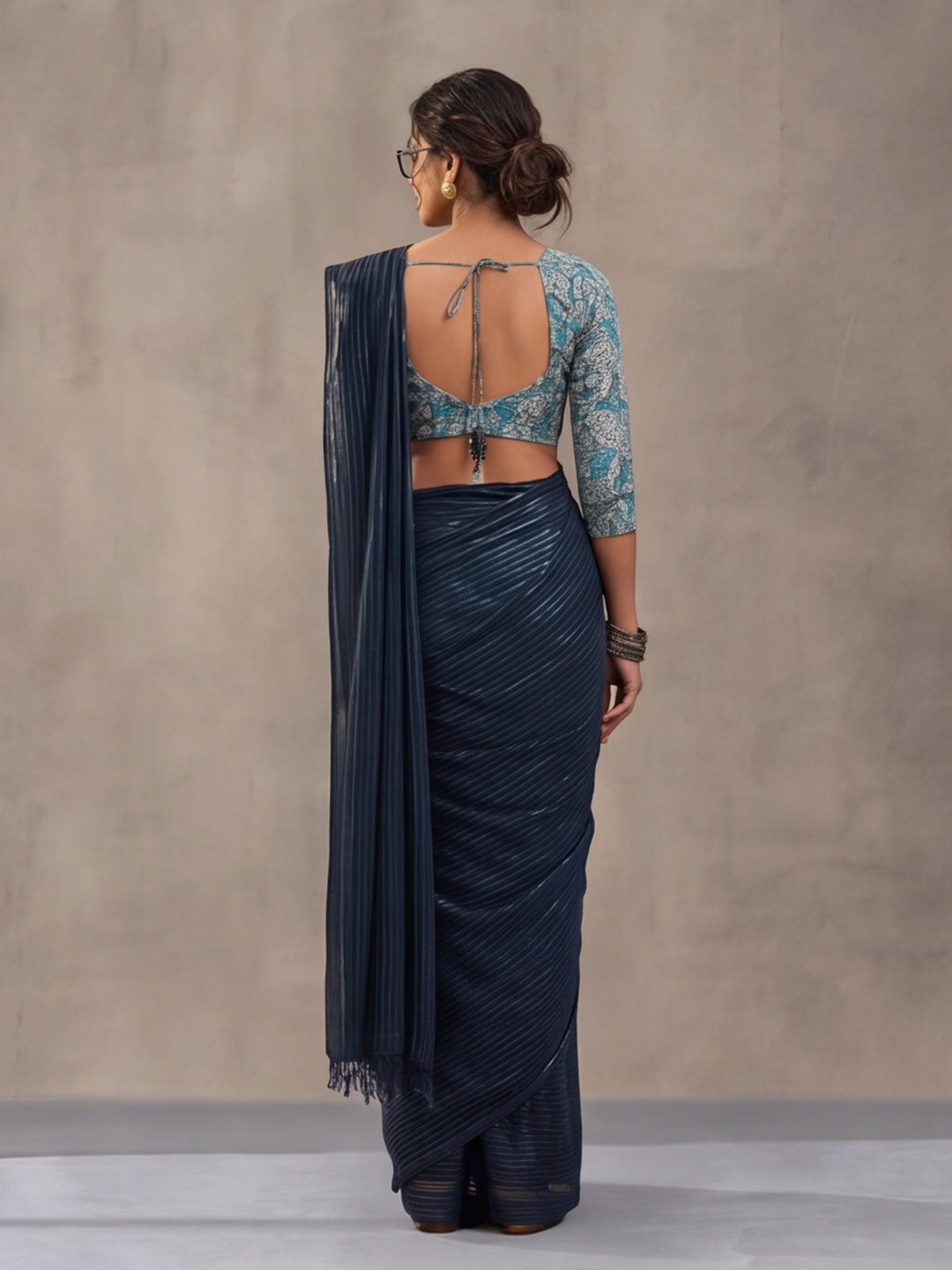 Navy Blue Sparkle Lining Fabric Saree with Trendy Printed Design by Jaipur Kurti