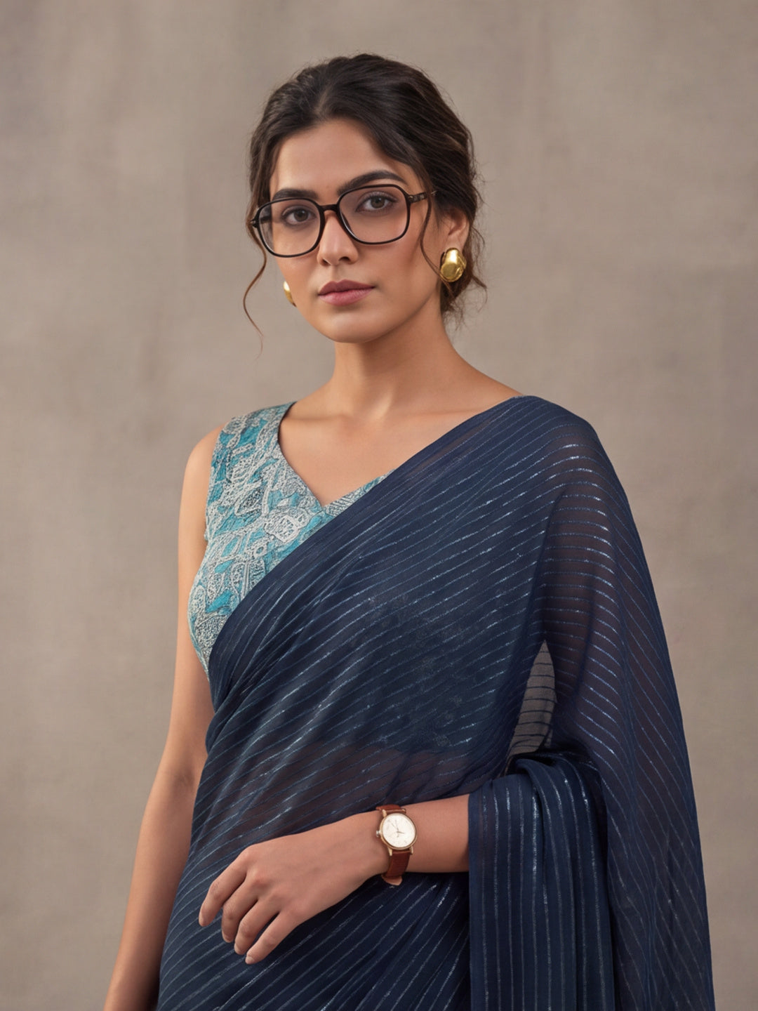 Navy Blue Sparkle Lining Fabric Saree with Trendy Printed Design by Jaipur Kurti
