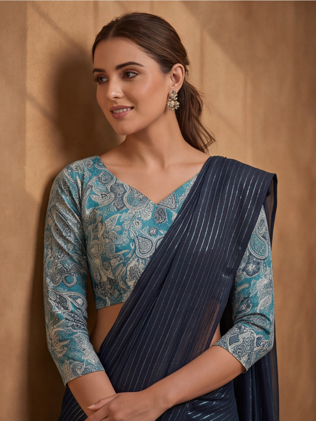 Navy Blue Sparkle Lining Fabric Saree with Trendy Printed Design by Jaipur Kurti