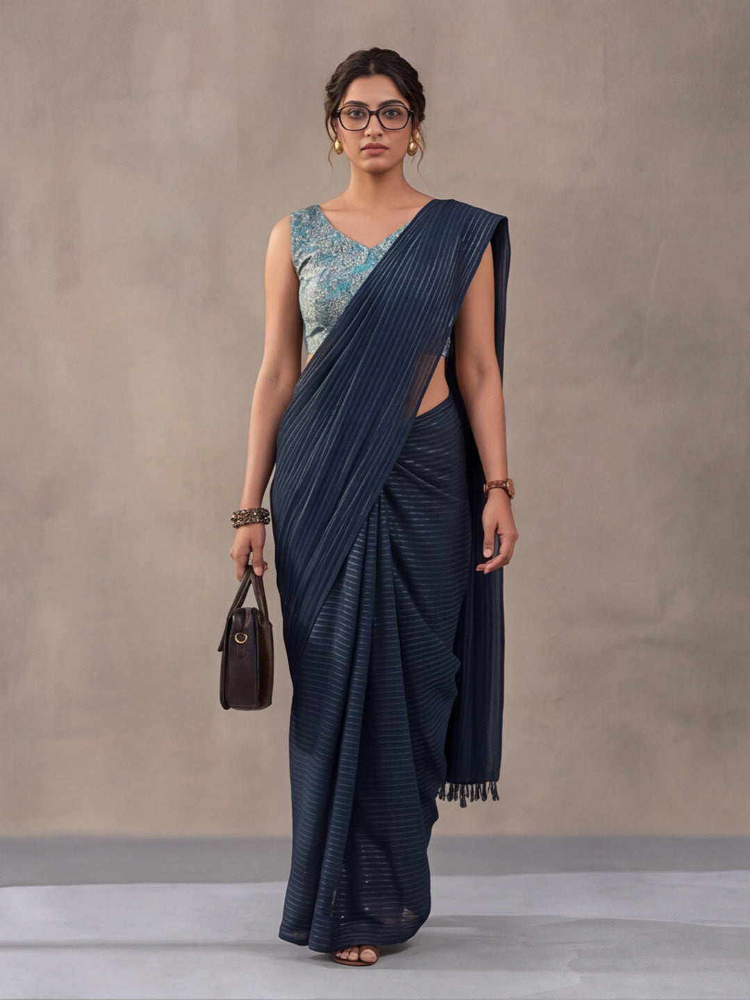 Navy Blue Sparkle Lining Fabric Saree with Trendy Printed Design by Jaipur Kurti