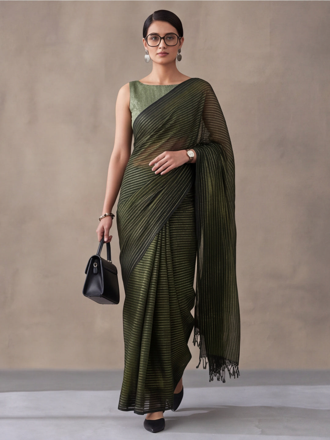 Olive Green Sparkle Lining Fabric Saree with Unique Prints by Jaipur Kurti