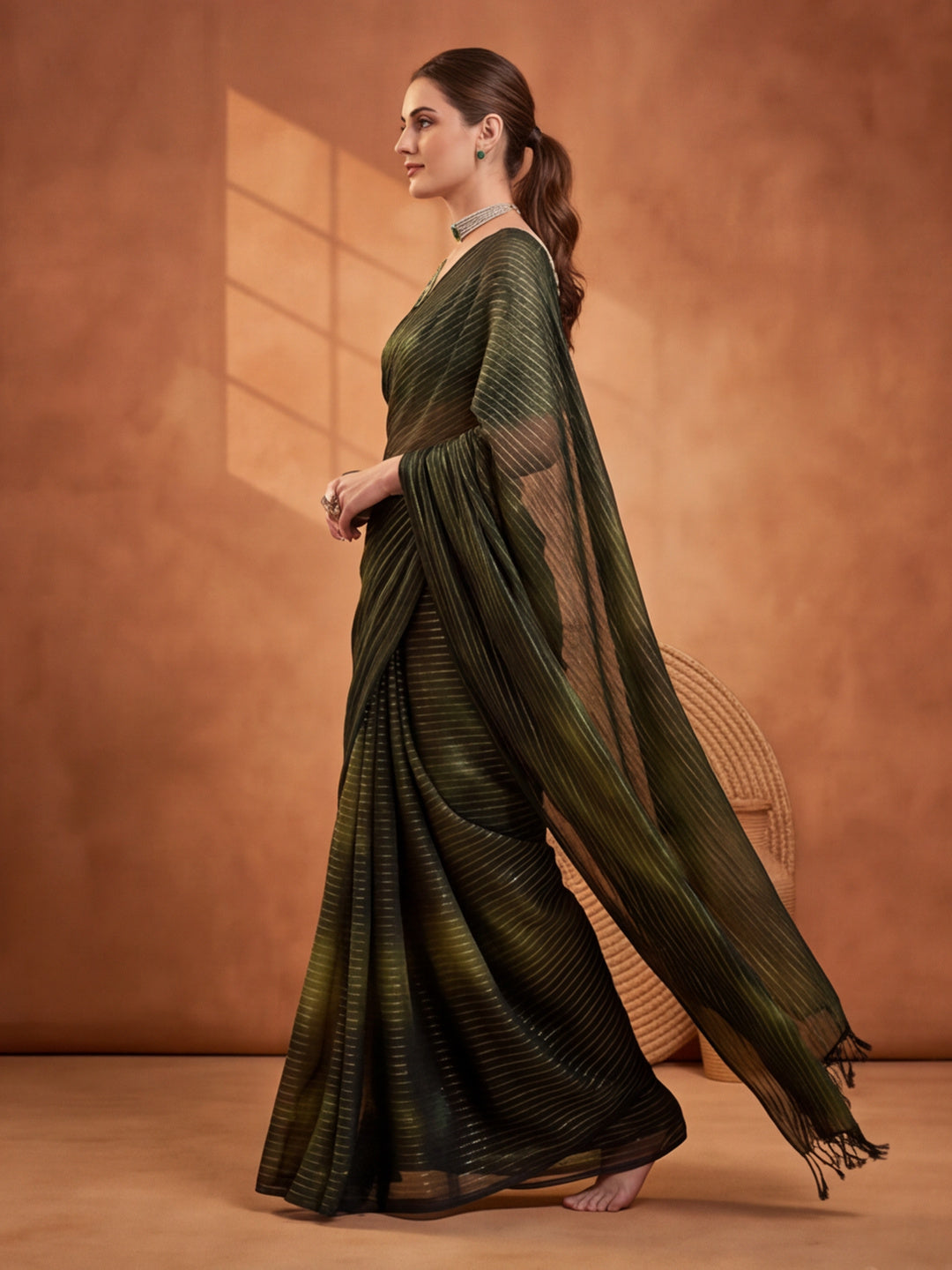 Olive Green Sparkle Lining Fabric Saree with Unique Prints by Jaipur Kurti
