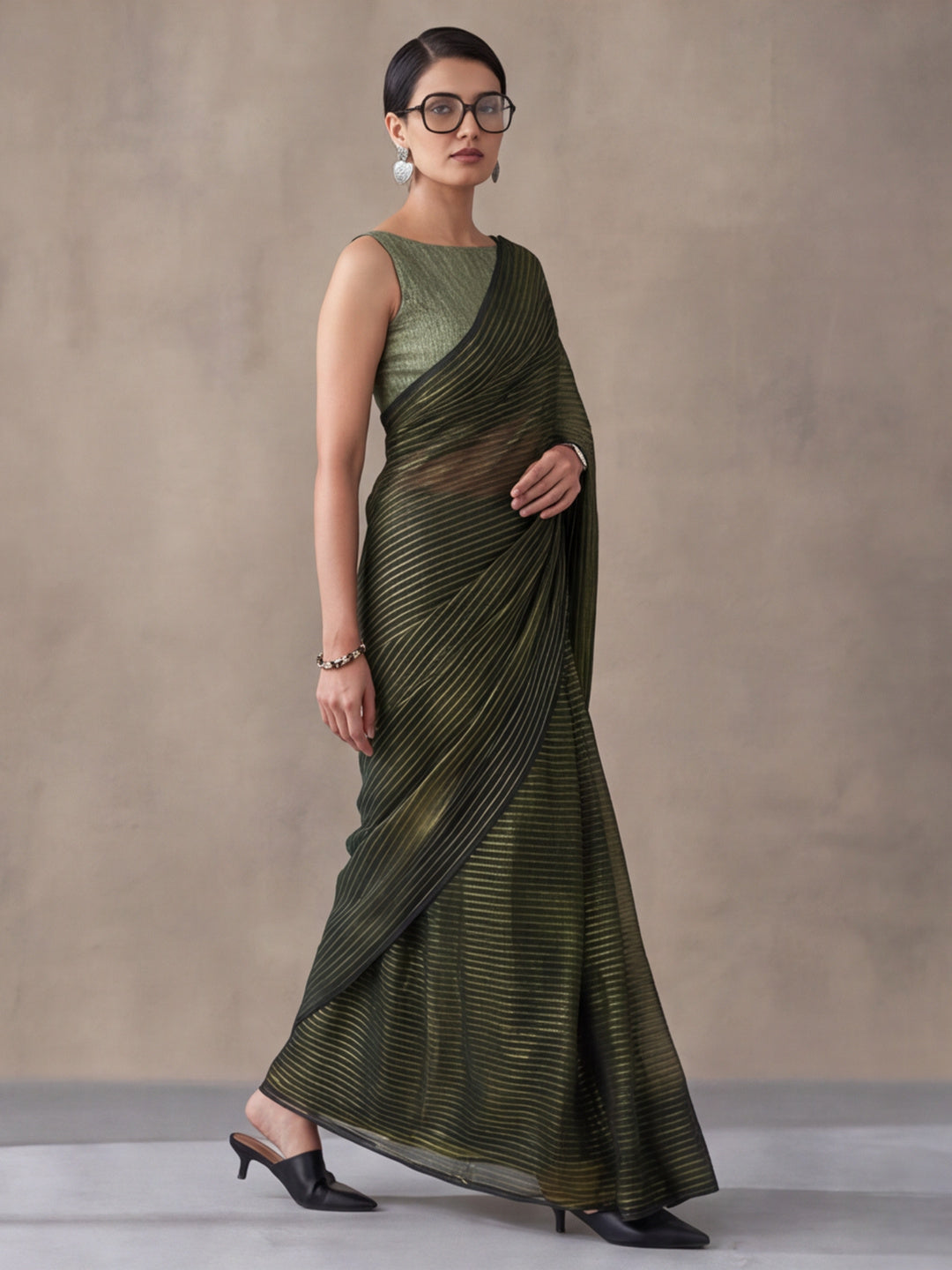 Olive Green Sparkle Lining Fabric Saree with Unique Prints by Jaipur Kurti