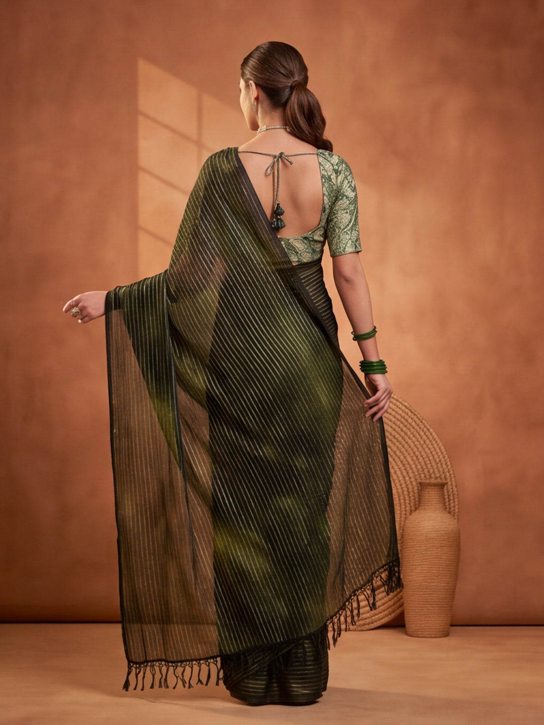 Olive Green Sparkle Lining Fabric Saree with Unique Prints by Jaipur Kurti
