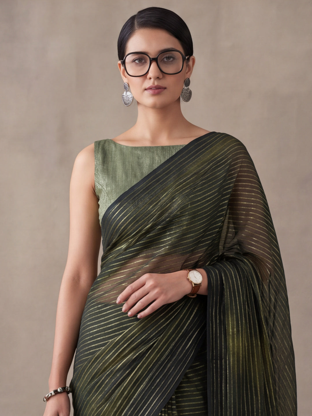 Olive Green Sparkle Lining Fabric Saree with Unique Prints by Jaipur Kurti