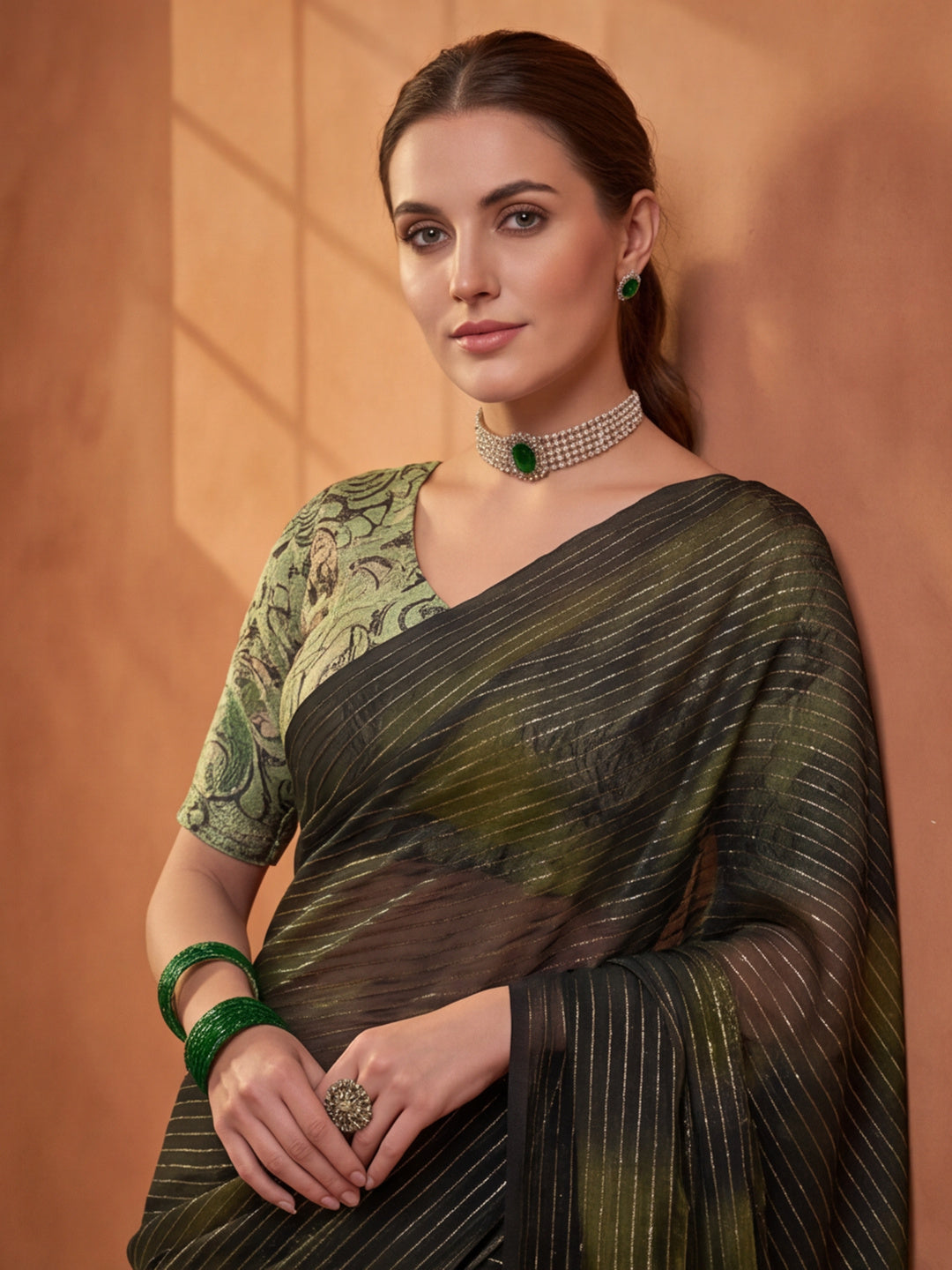 Olive Green Sparkle Lining Fabric Saree with Unique Prints by Jaipur Kurti