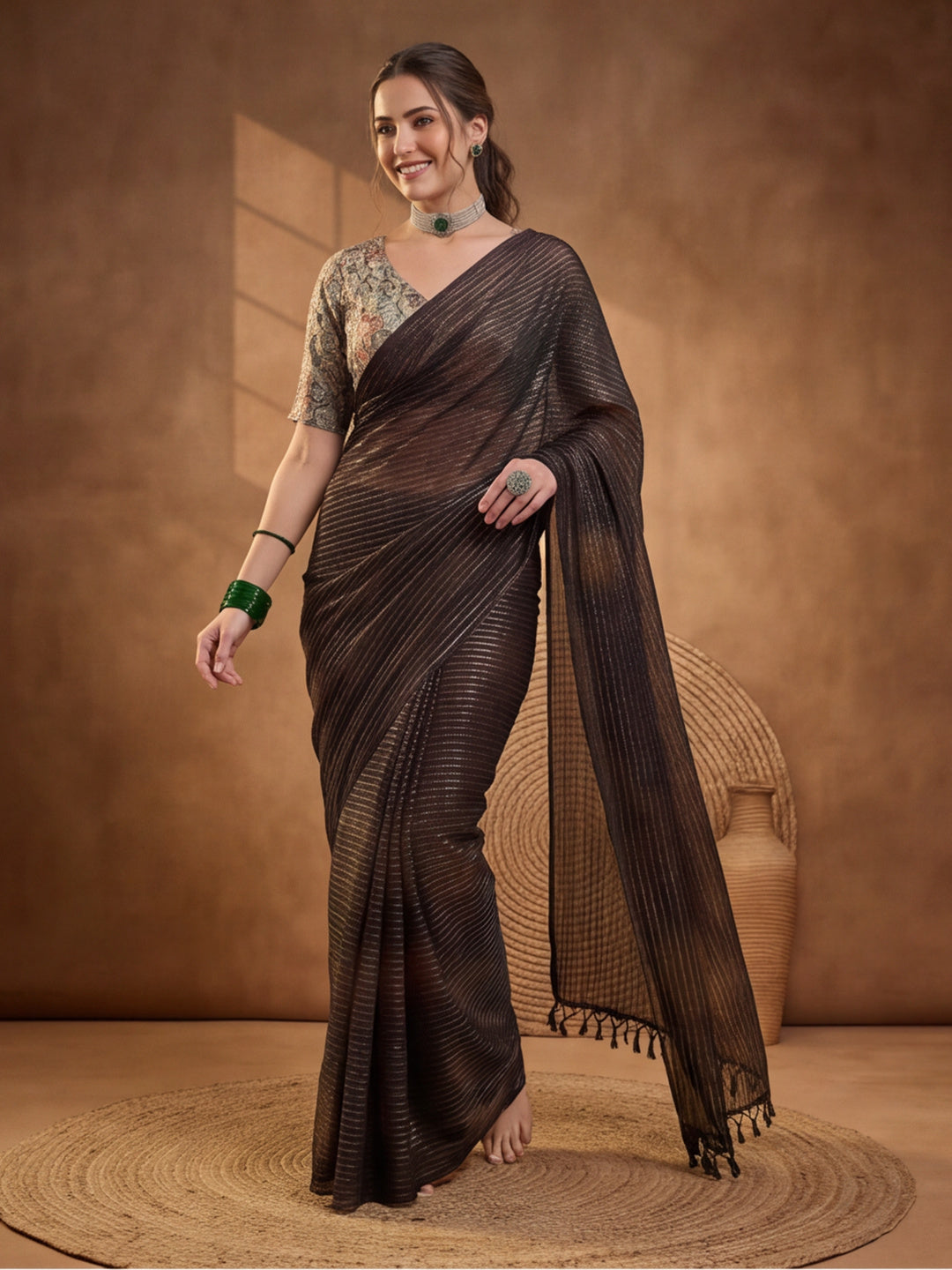 Women's Coffee Brown Sparkle Lining Fabric Saree with Stylish Prints by Jaipur Kurti