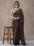 Women's Coffee Brown Sparkle Lining Fabric Saree with Stylish Prints by Jaipur Kurti