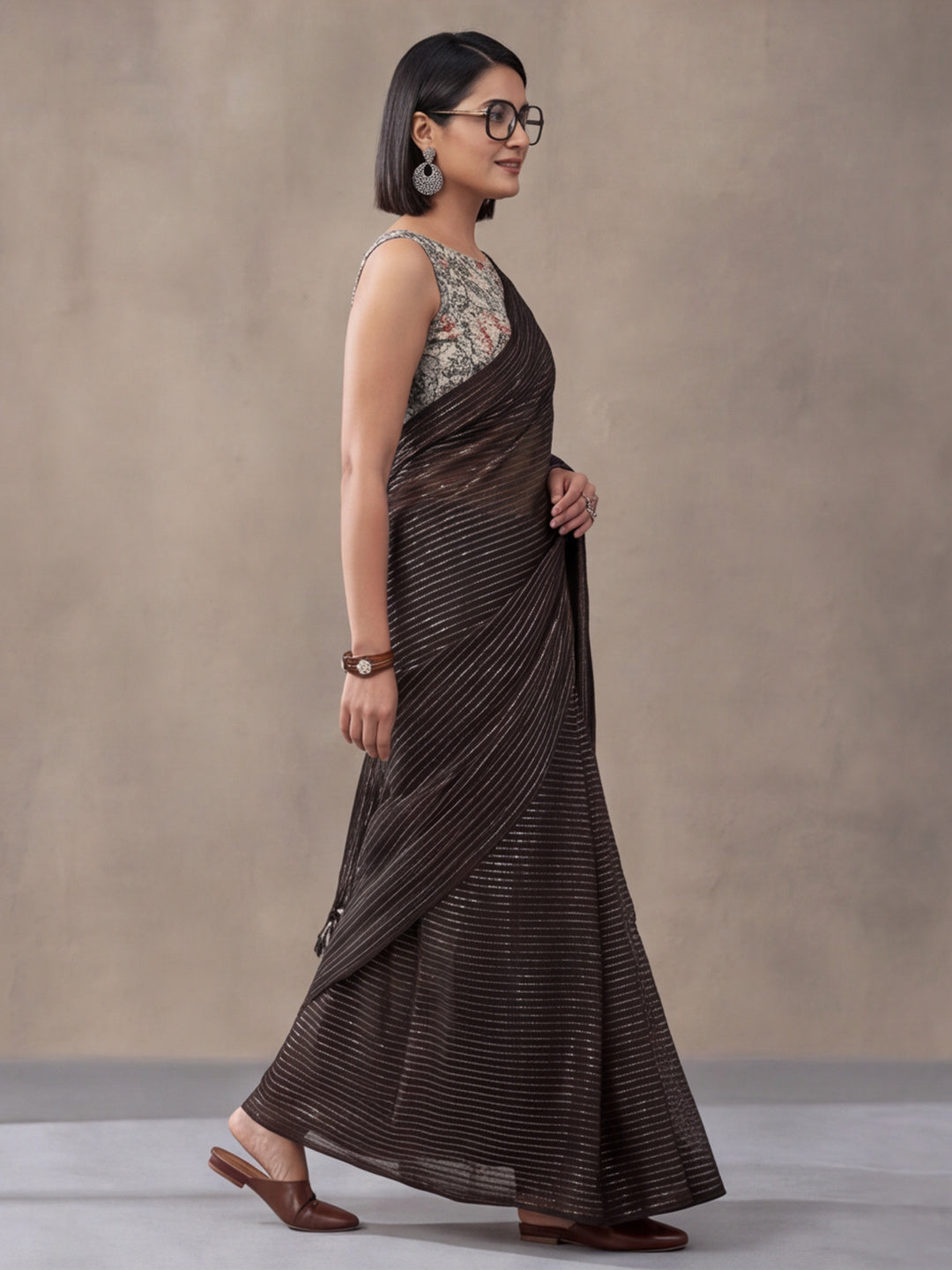 Women's Coffee Brown Sparkle Lining Fabric Saree with Stylish Prints by Jaipur Kurti