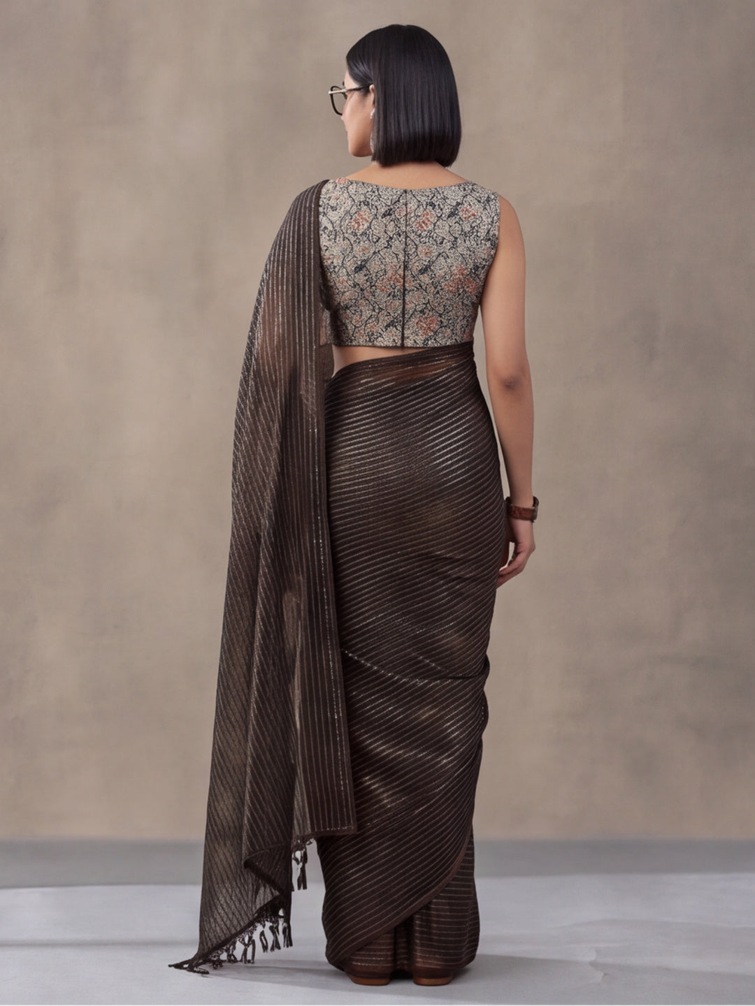 Women's Coffee Brown Sparkle Lining Fabric Saree with Stylish Prints by Jaipur Kurti