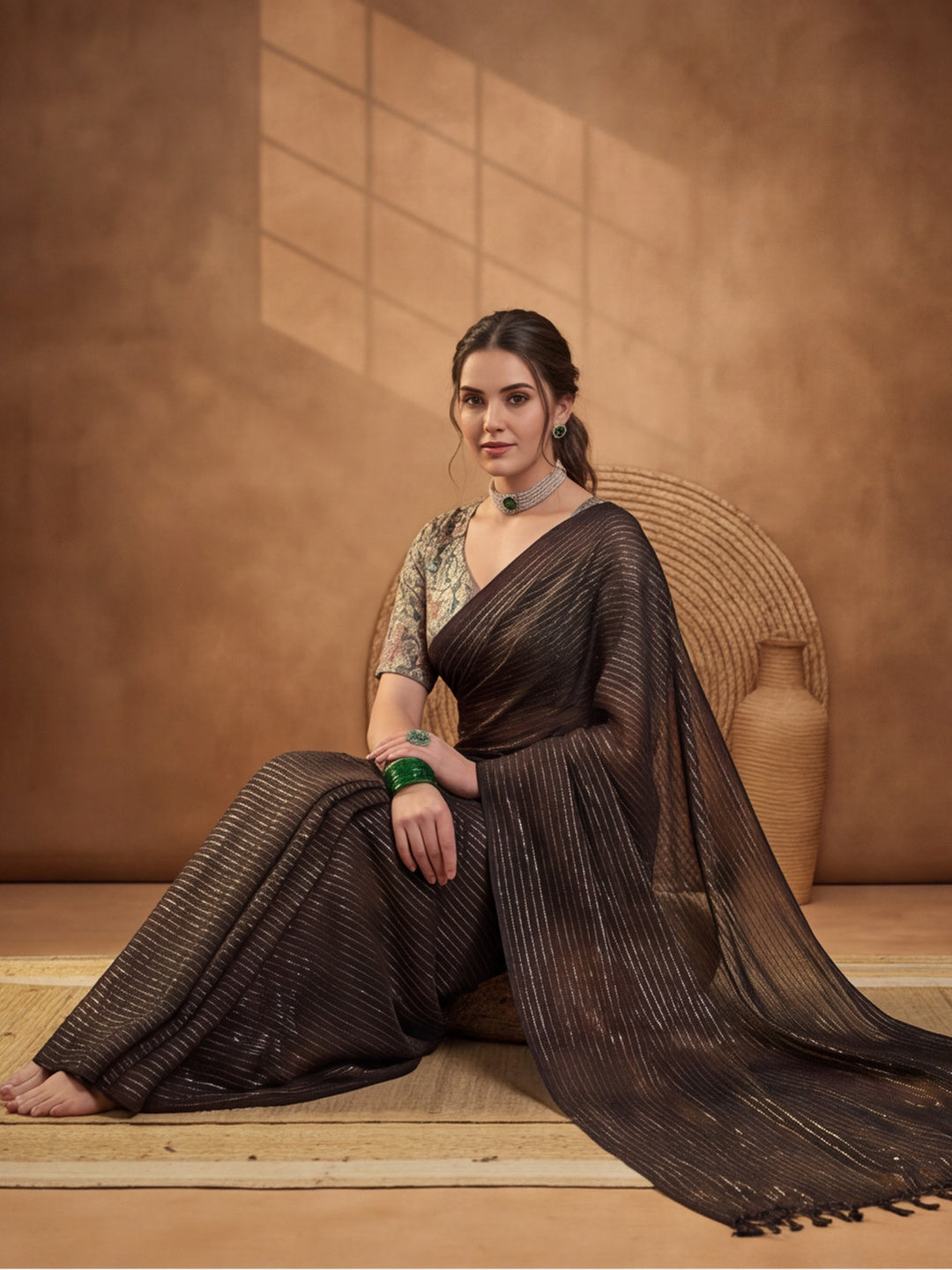 Women's Coffee Brown Sparkle Lining Fabric Saree with Stylish Prints by Jaipur Kurti