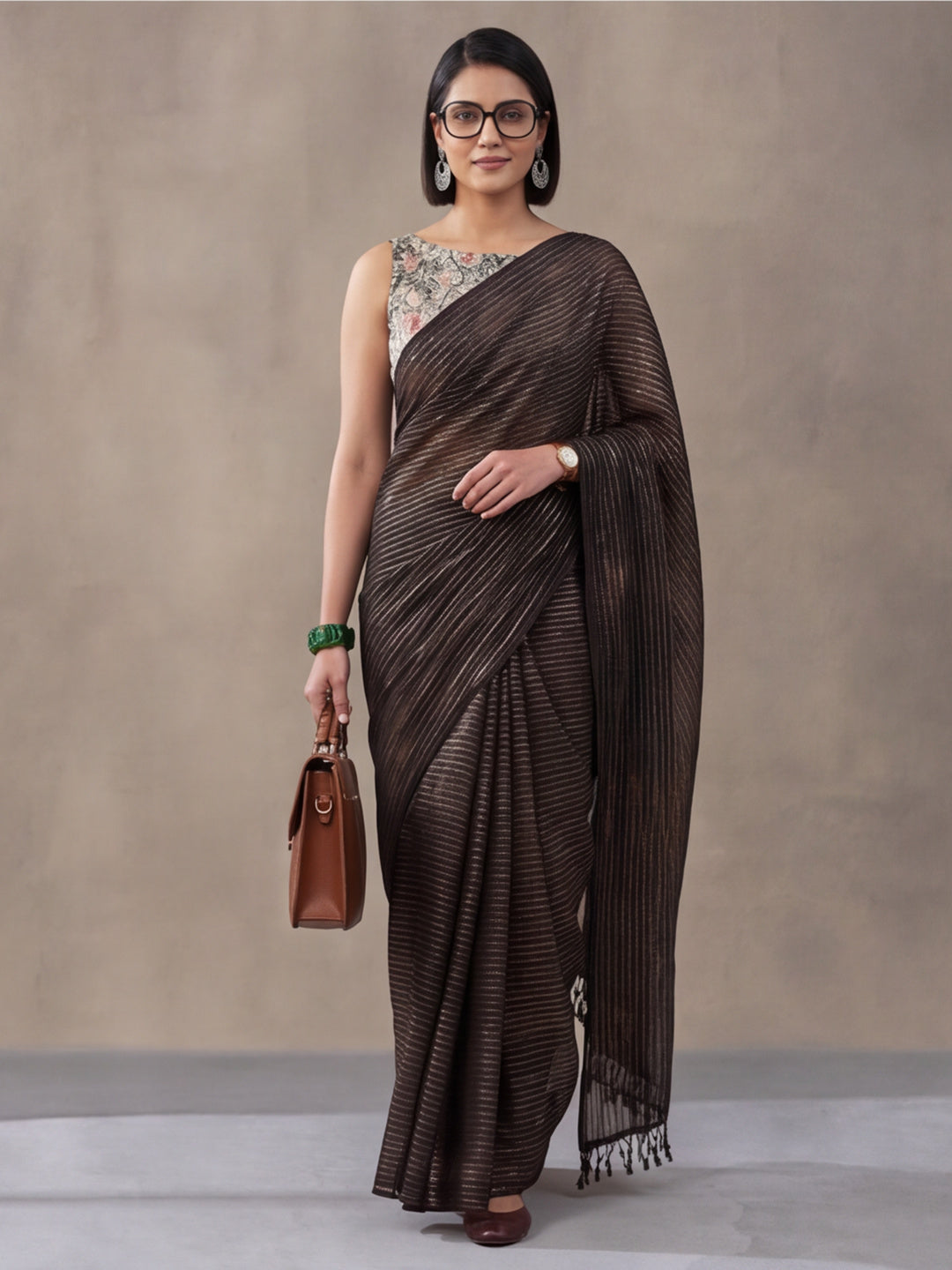 Women's Coffee Brown Sparkle Lining Fabric Saree with Stylish Prints by Jaipur Kurti