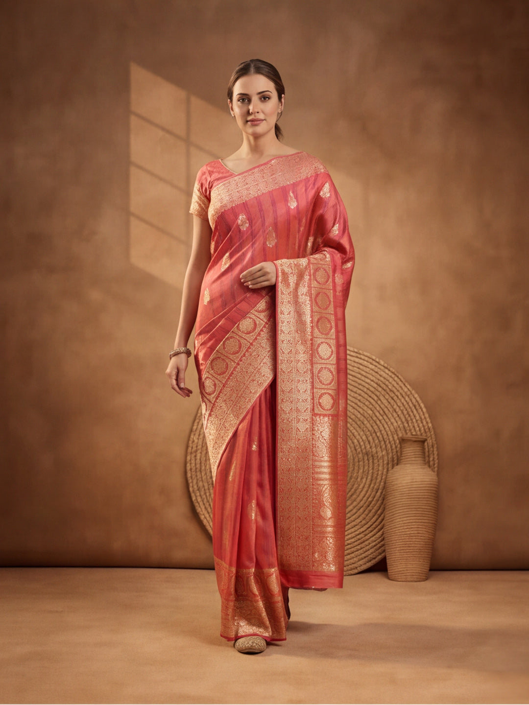 Jaipur Kurti Women'S Designer Weaving Work Peach Saree